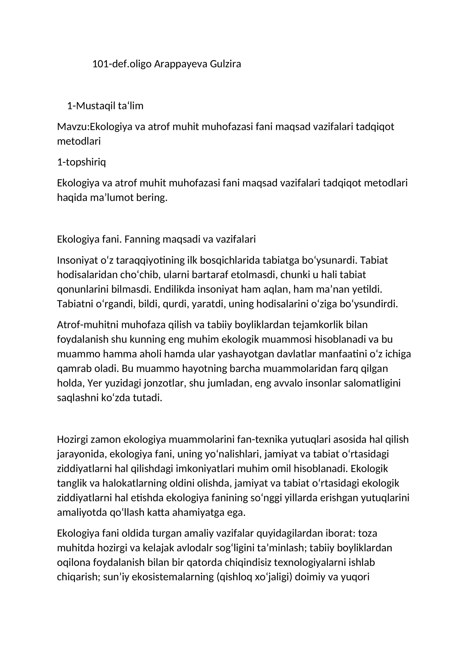 Ekologiya va Atrof Muhit Muhofazasi Fani Maqsad Vazifalari Tadqiqot Metodlari