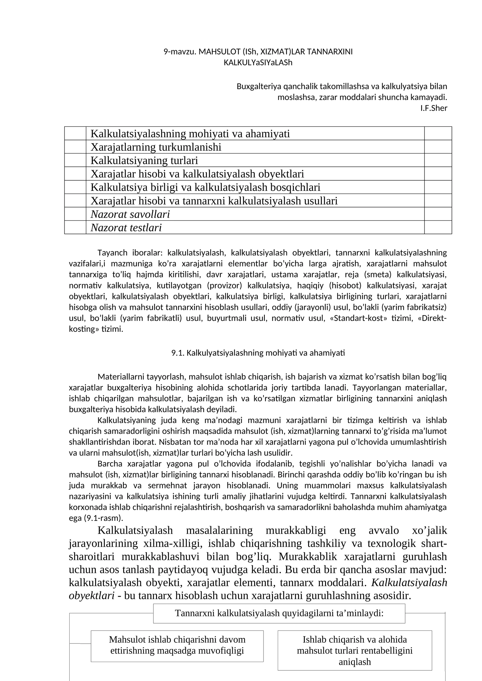 MAHSULOT (ISh, XIZMAT)LAR TANNARXINI KALKULYaSIYaLASh