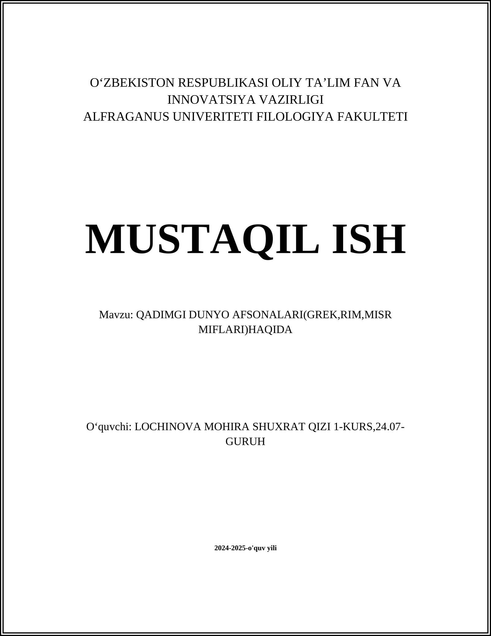 QADIMGI DUNYO AFSONALARI(GREK,RIM,MISR MIFLARI)HAQIDA