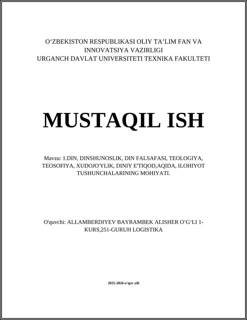 Din Mohiyati va Din Tushunchasining Nazariy Asoslari