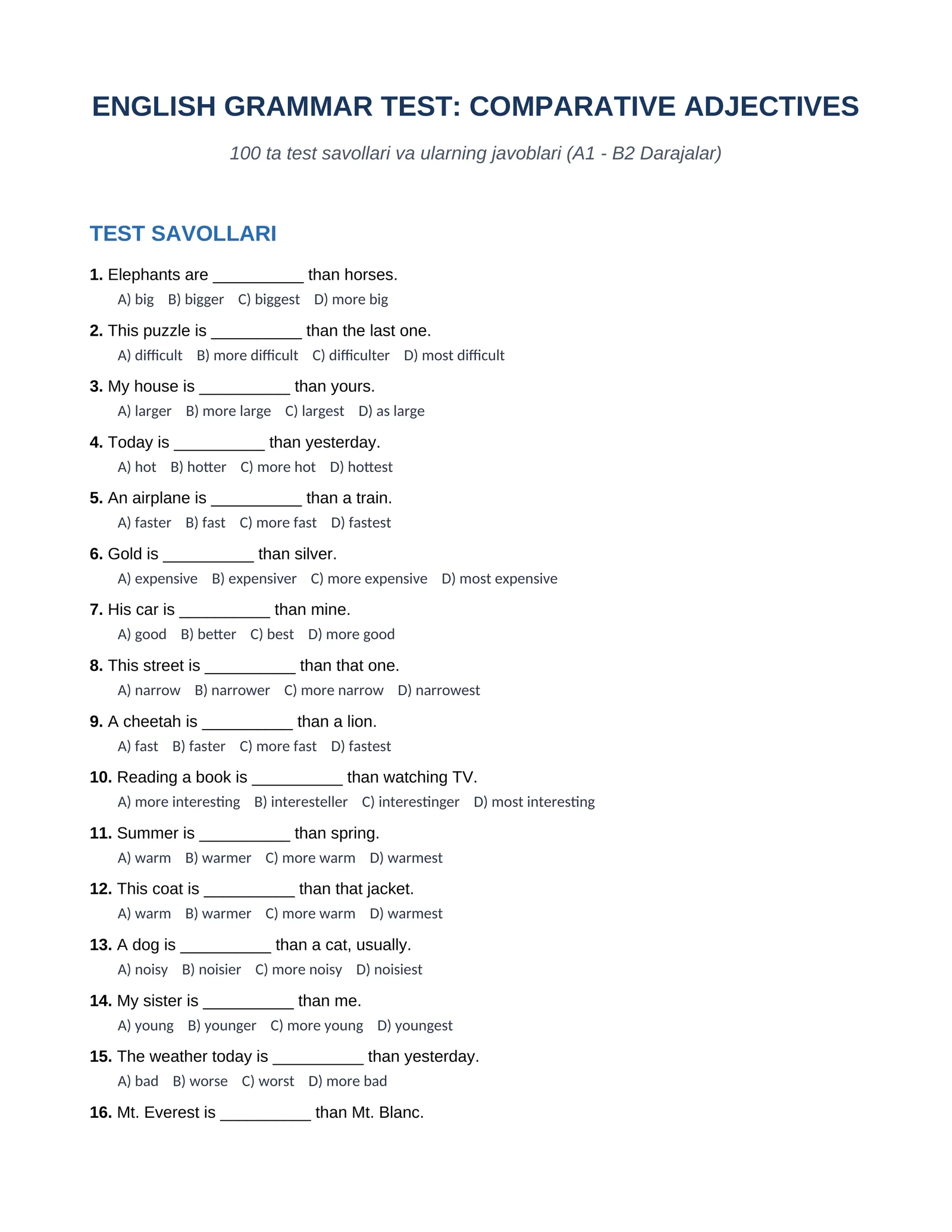 "Comparative Adjectives" (Sifatlarning qiyosiy darajasi) iboralari va qoidalari bo'yicha maxsus tayyorlangan 100 talik test oxiridan javoblari bilan