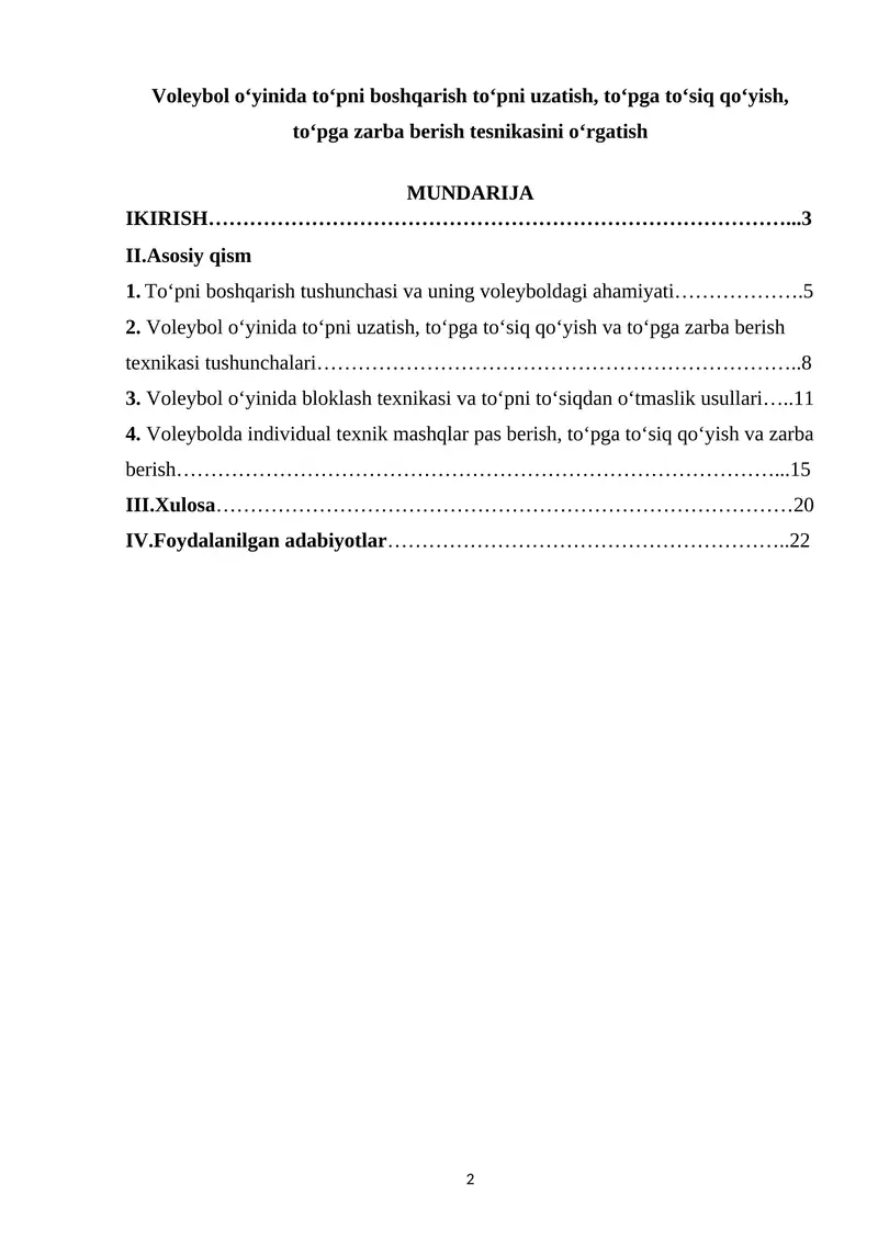 Voleybol o‘yinida to‘pni boshqarish