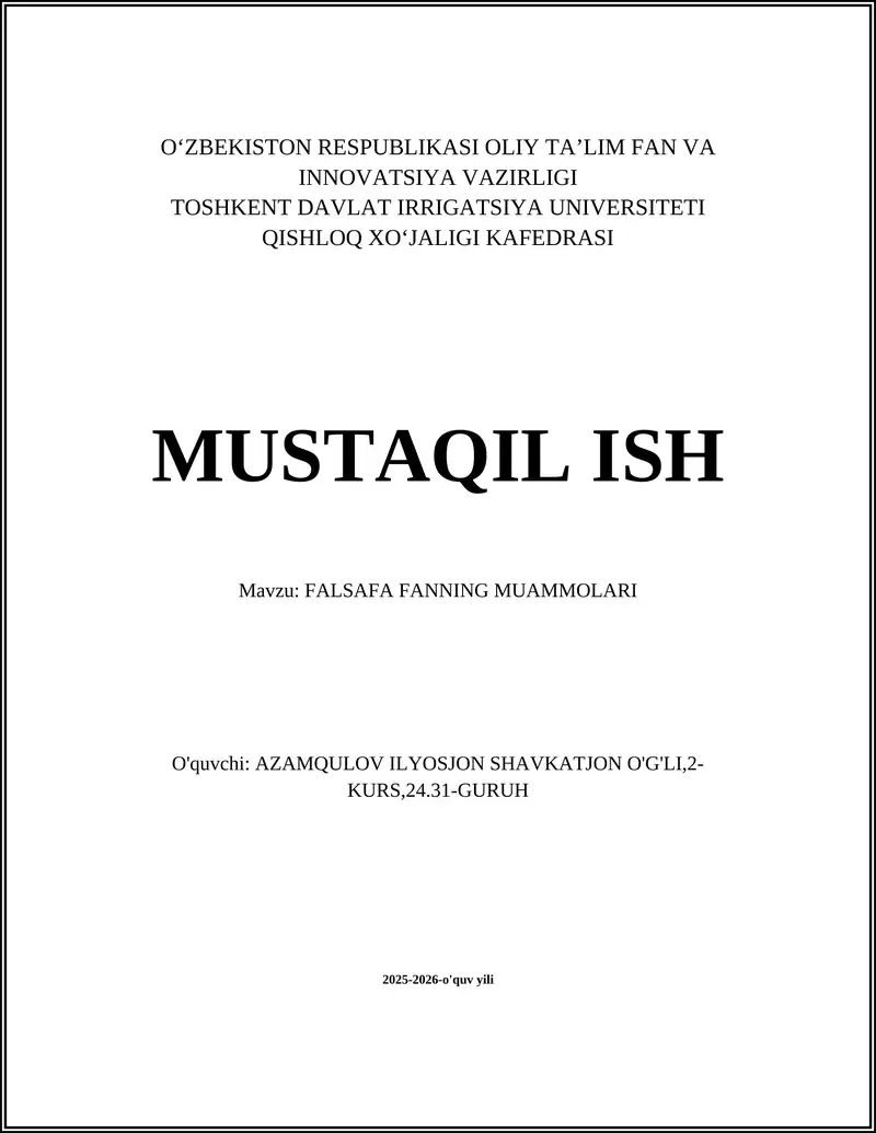 FALSAFA FANNING MUAMMOLARI