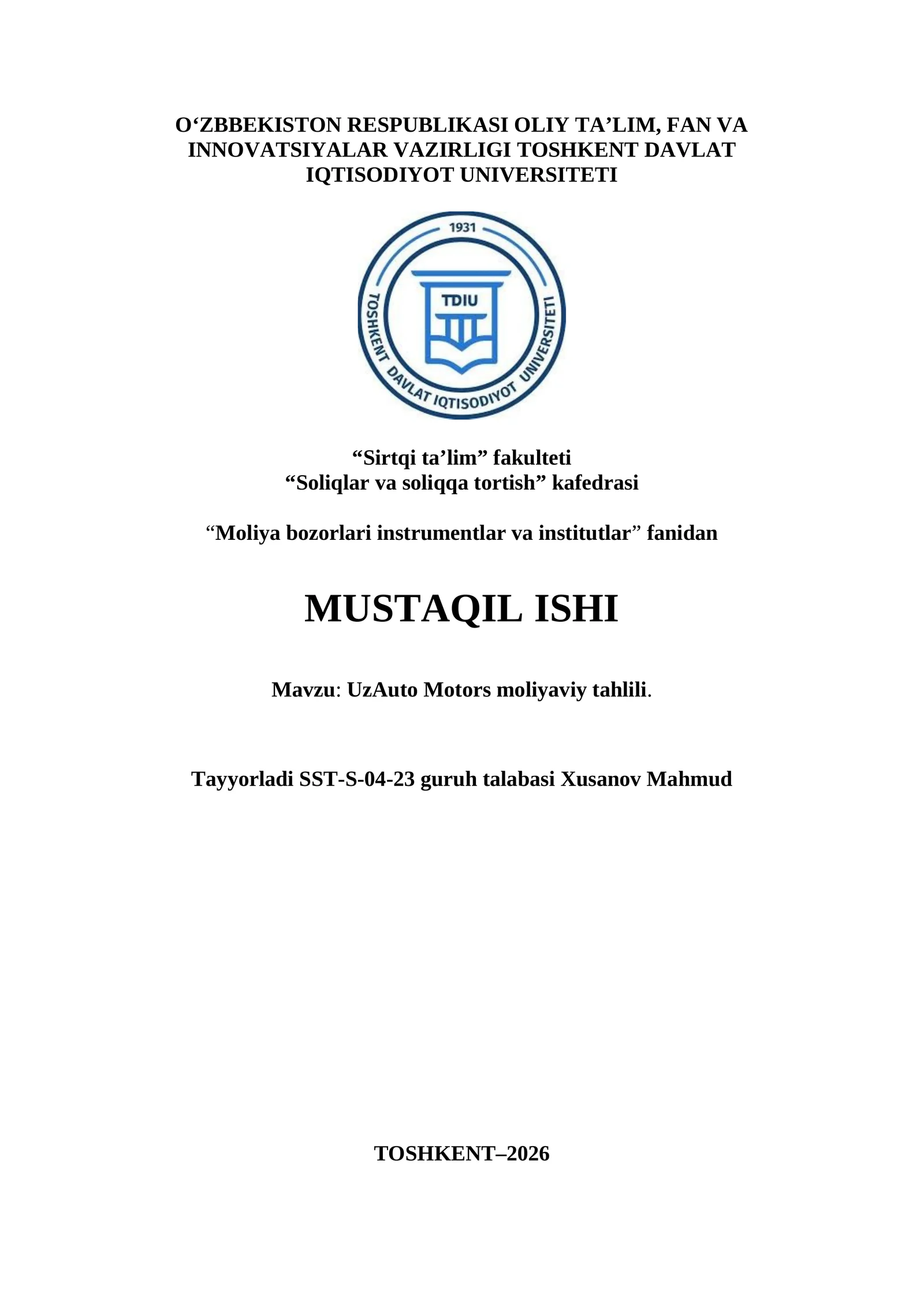 UzAuto Motors moliyaviy tahlili