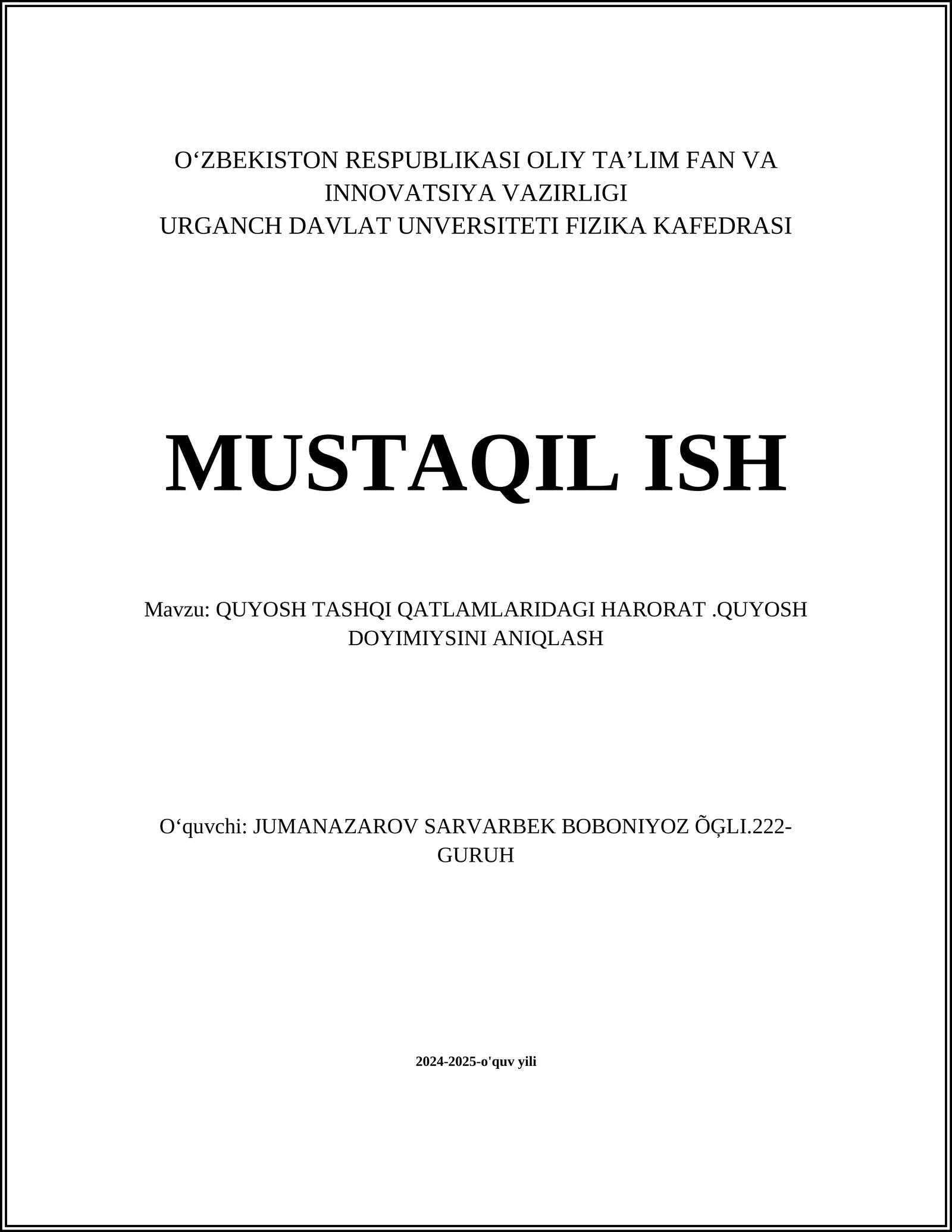 QUYOSH TASHQI QATLAMLARIDAGI HARORAT.QUYOSH DOYIMIYSINI ANIQLASH