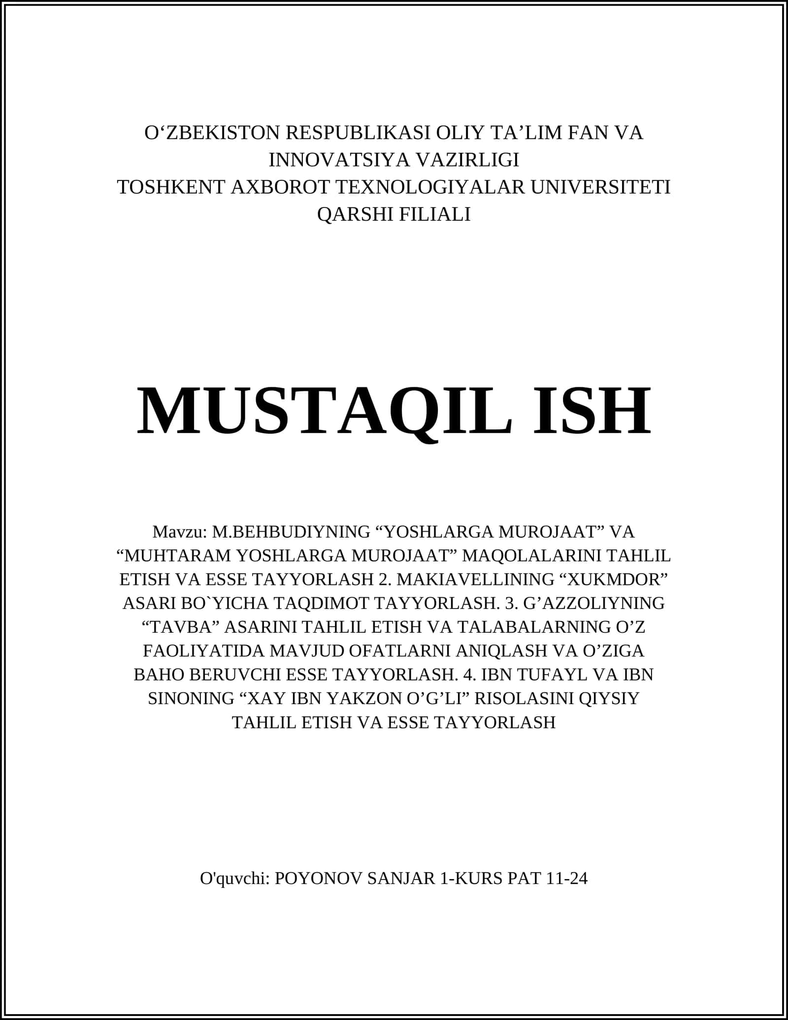 M.BEHBUDIYNING “YOSHLARGA MUROJAAT” VA “MUHTARAM YOSHLARGA MUROJAAT” MAQOLALARINI TAHLIL ETISH VA ESSE TAYYORLASH