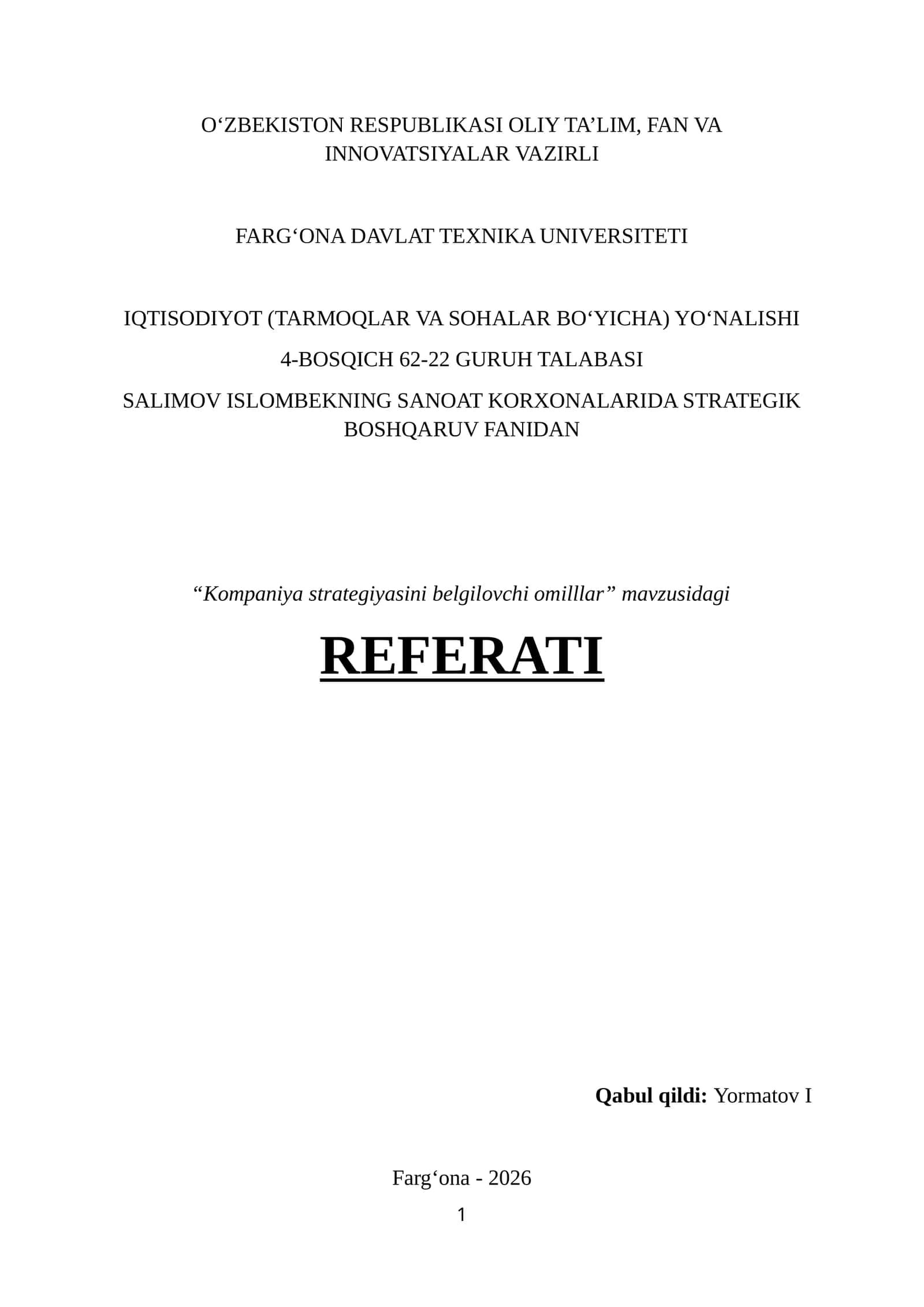 Kompaniya strategiyasini belgilovchi omillar. REFERAT
