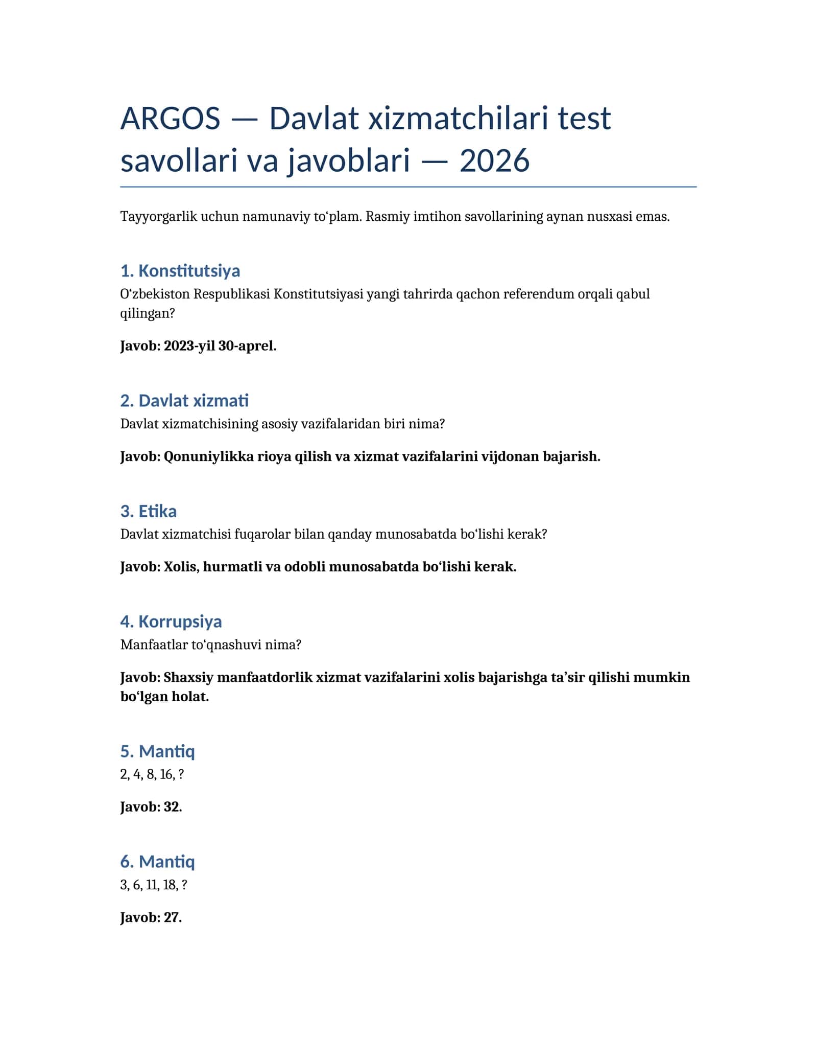 ARGOS Davlat xizmatchilari test javoblari va savollar to me'yorlashtirilgan to'plami 2026