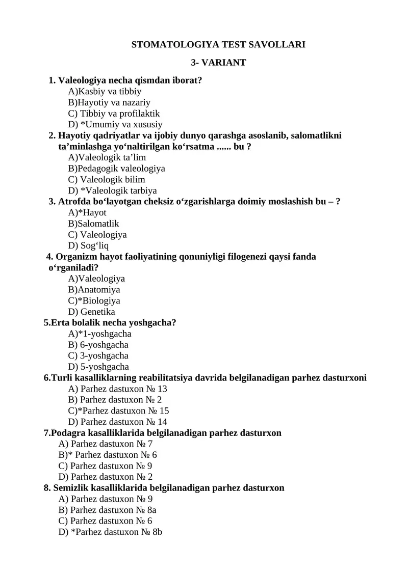 STOMATOLOGIYA TEST SAVOLLARI