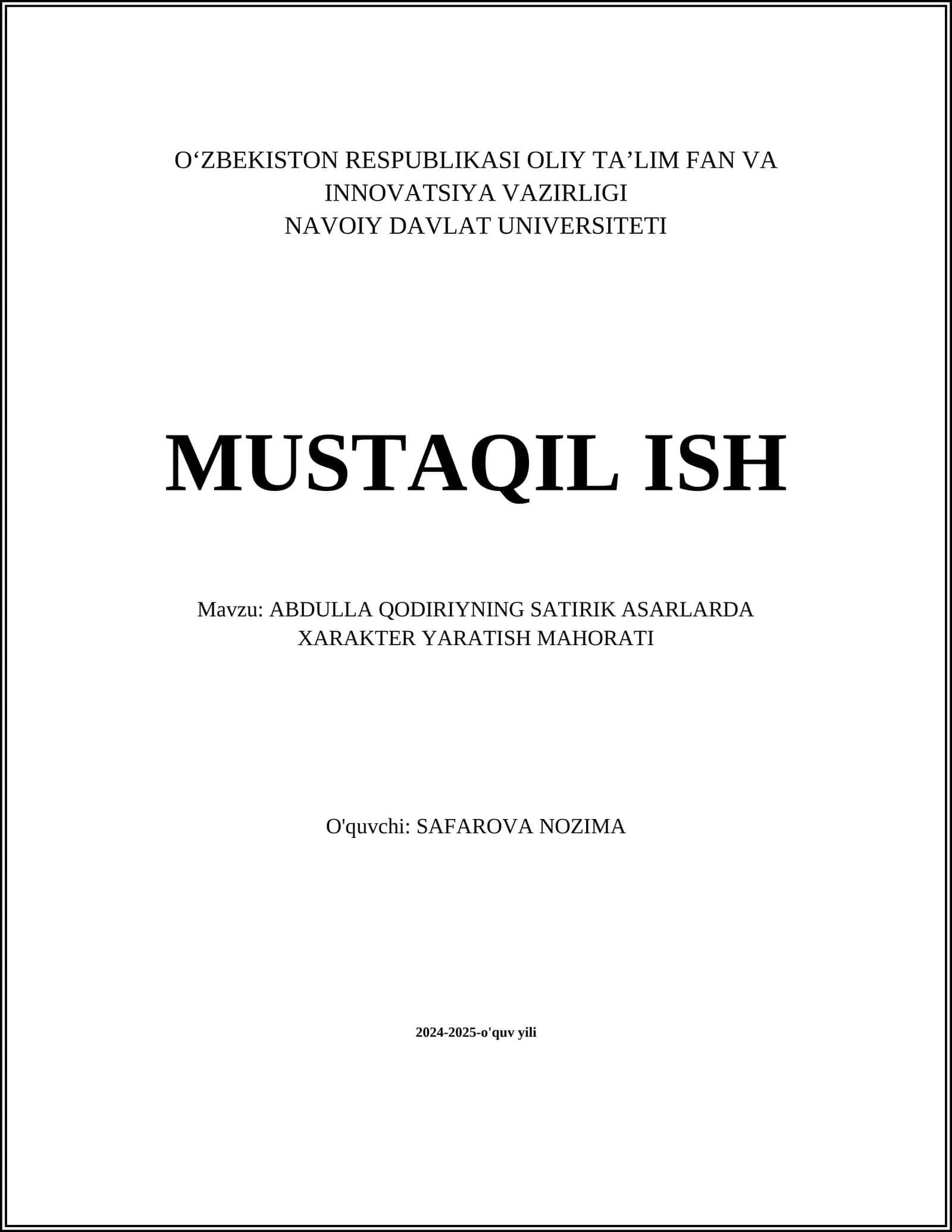 Abdulla Qodiriyning satirik asarlarda xarakter yaratish mahorati
