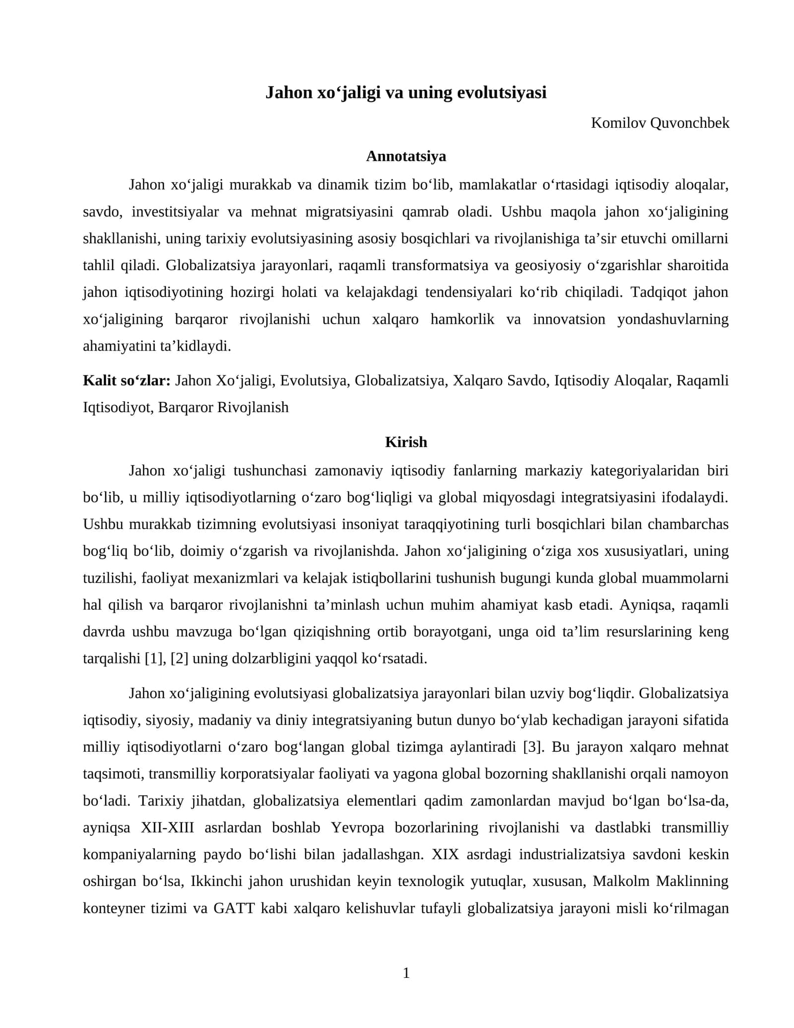 Jahon xoʻjaligi va uning evolutsiyasi