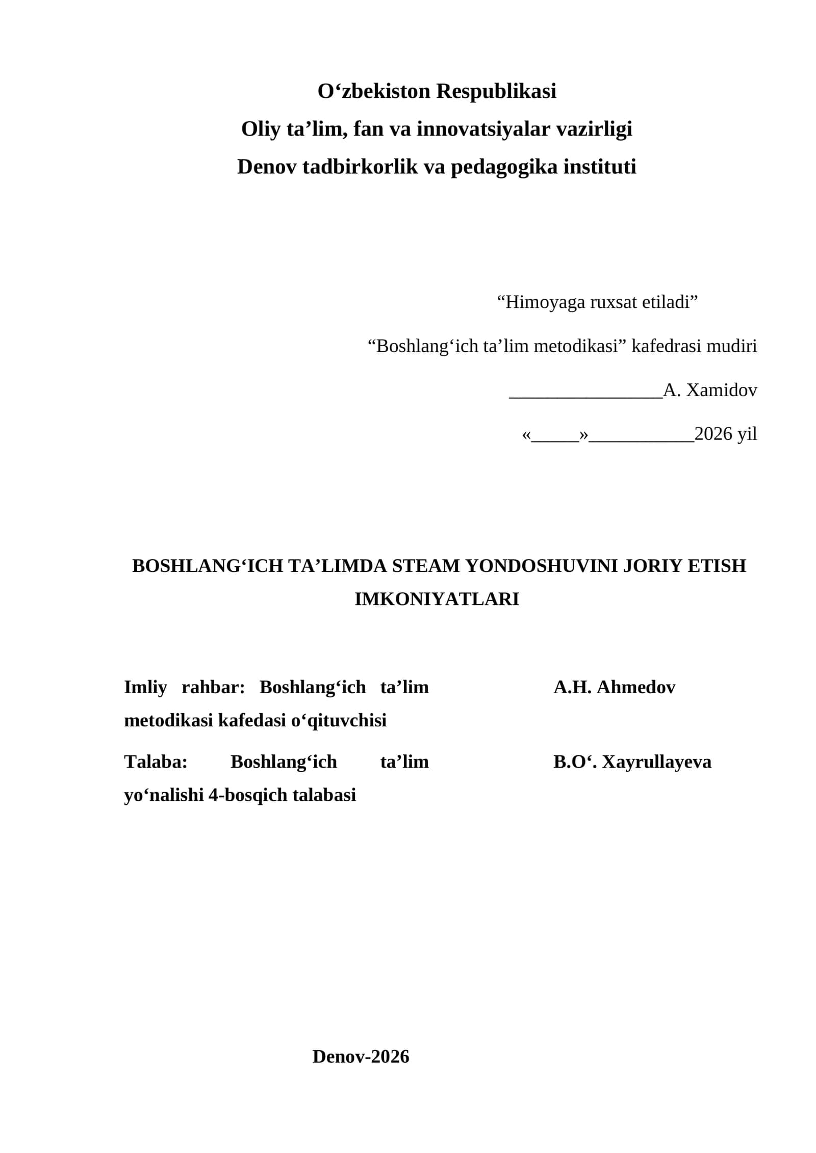 Boshlang‘ich ta’limda STEAM yondoshuvini joriy etish imkoniyatlari