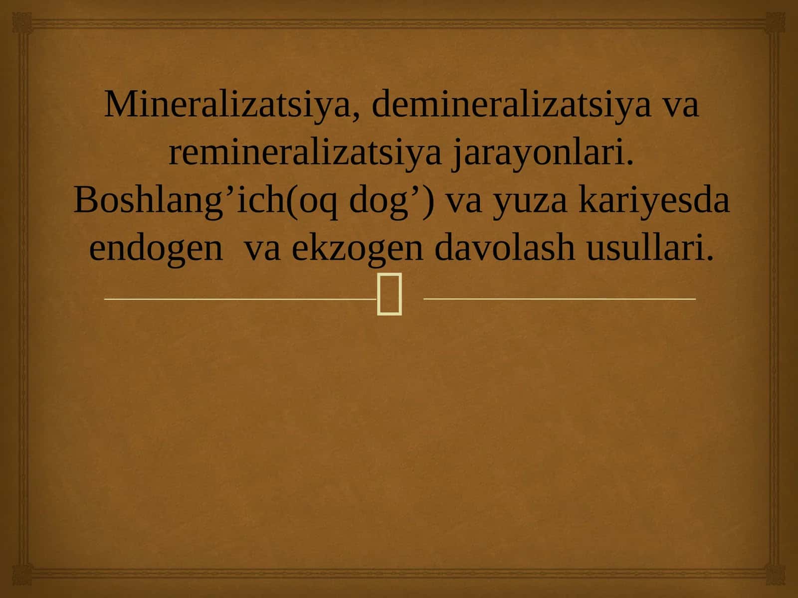 Mineralizatsiya, demineralizatsiya va remineralizatsiya jarayonlari. Boshlang’ich(oq dog’) va yuza kariyesda endogen  va ekzogen davolash usullari.
