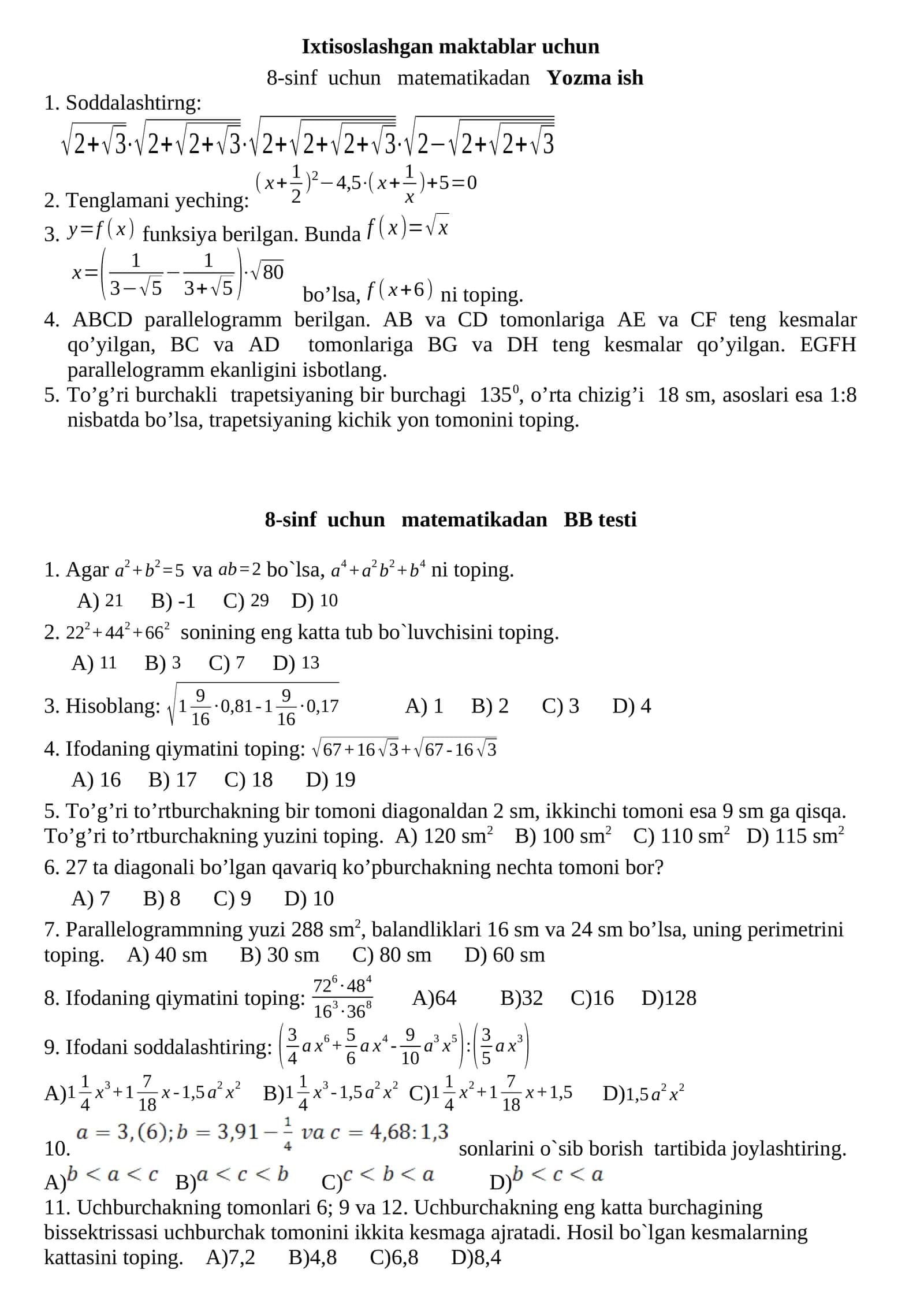 8-sinf uchun matematikadan Yozma ish