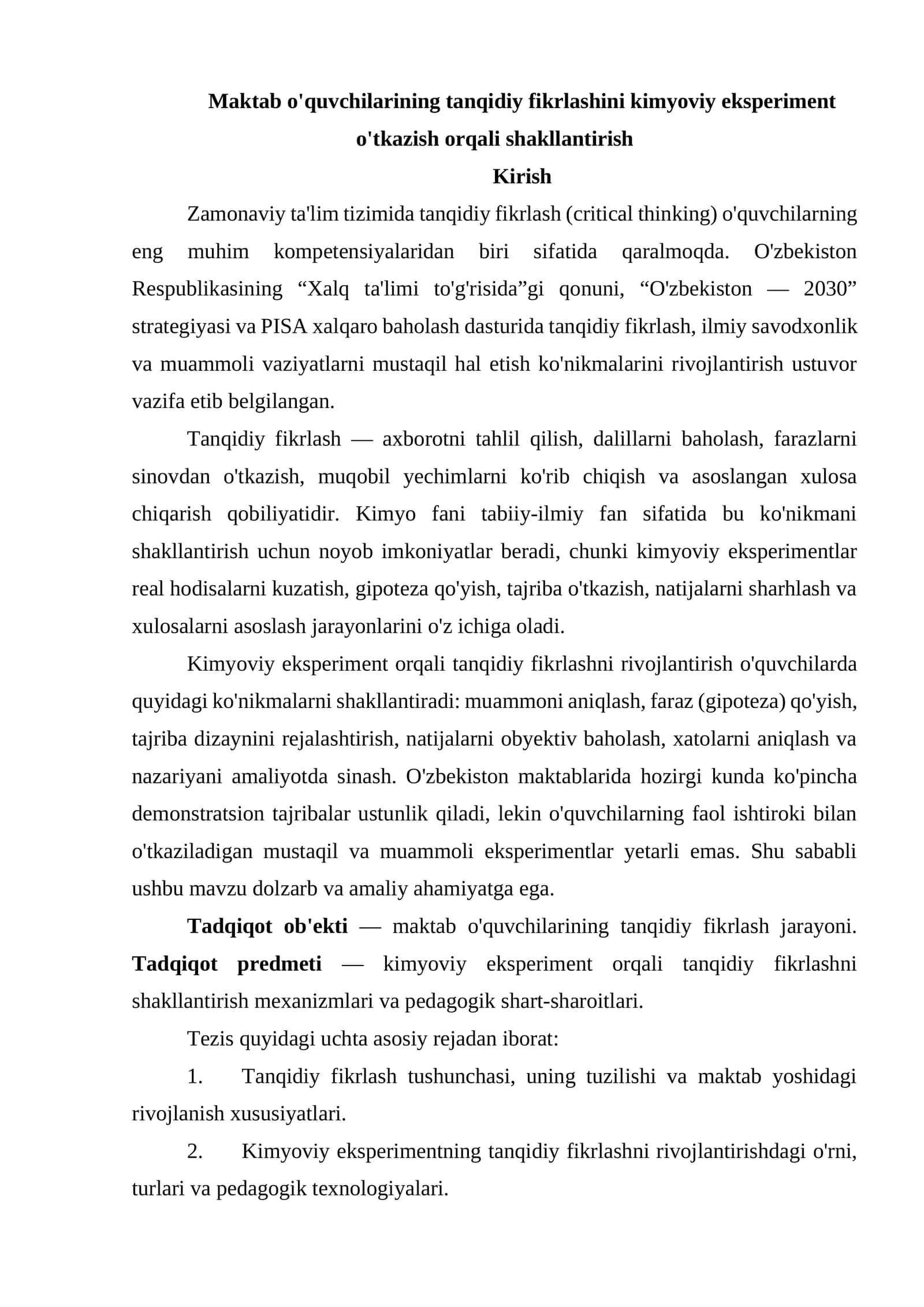 Maktab o'quvchilarining tanqidiy fikrlashini kimyoviy eksperiment o'tkazish orqali shakllantirish