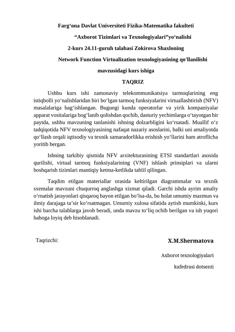 Network Function Virtualization texnologiyasining qo'llanilishi kurs ishi
