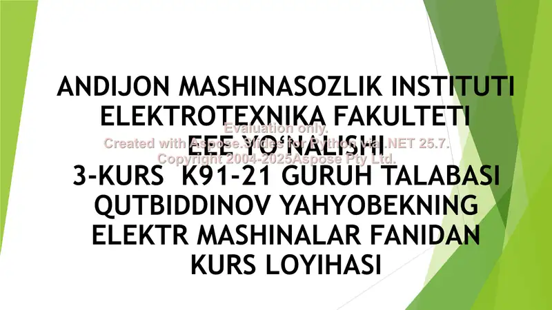 QISQA TUTASHGAN ROTORLI ASINXRON MOTORNI LOYIXALASH