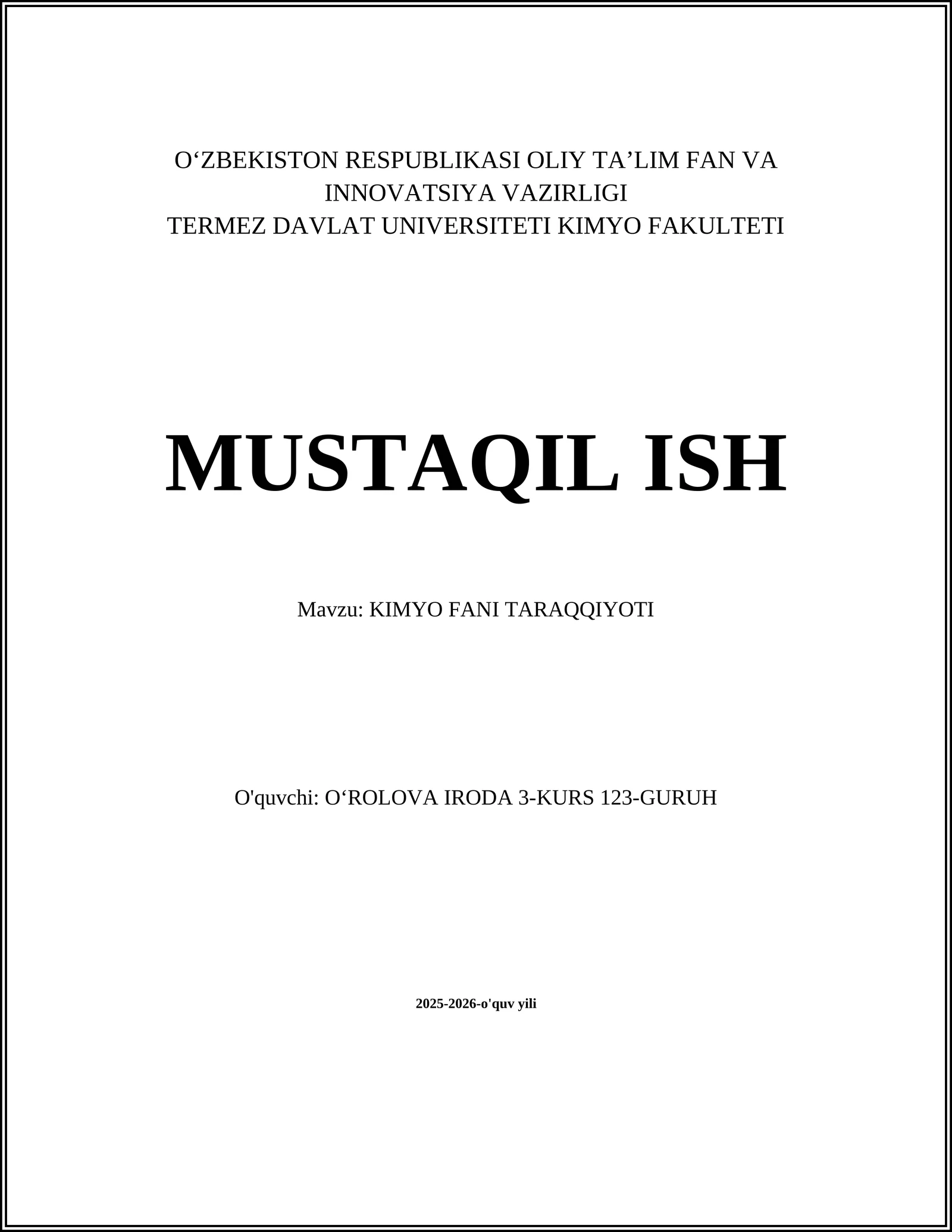 KIMYO FANI TARAQQIYOTI