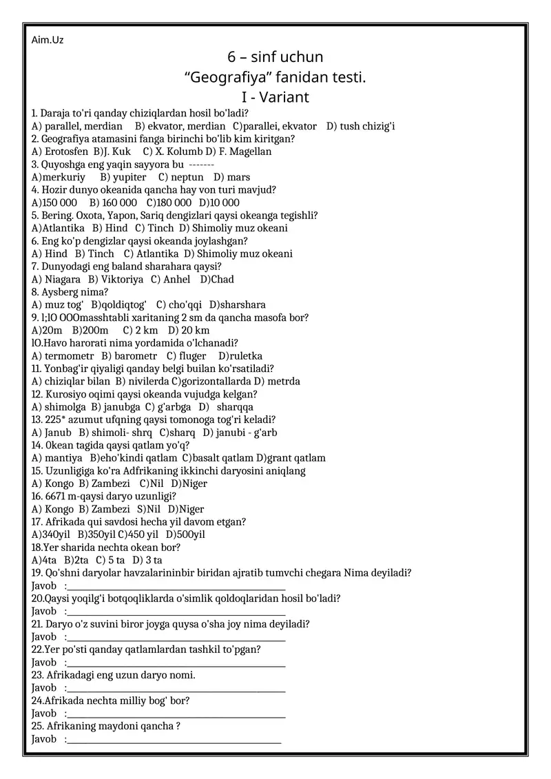 6 – sinf uchun “Geografiya” fanidan testi. I - Variant