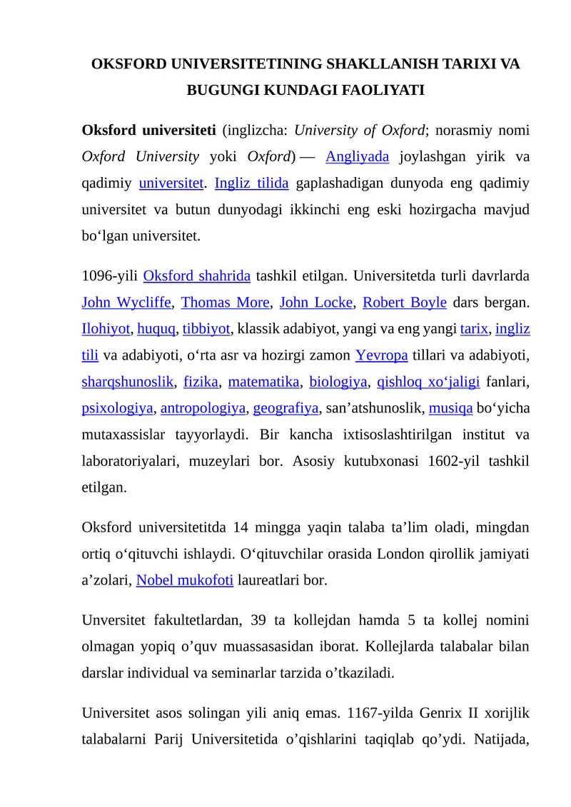 Oksford universitetining shakllanish tarixi va bugungi kundagi faoliyati