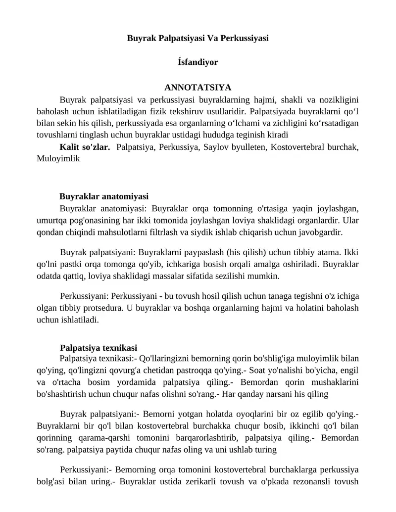 Buyrak Palpatsiyasi Va Perkussiyasi