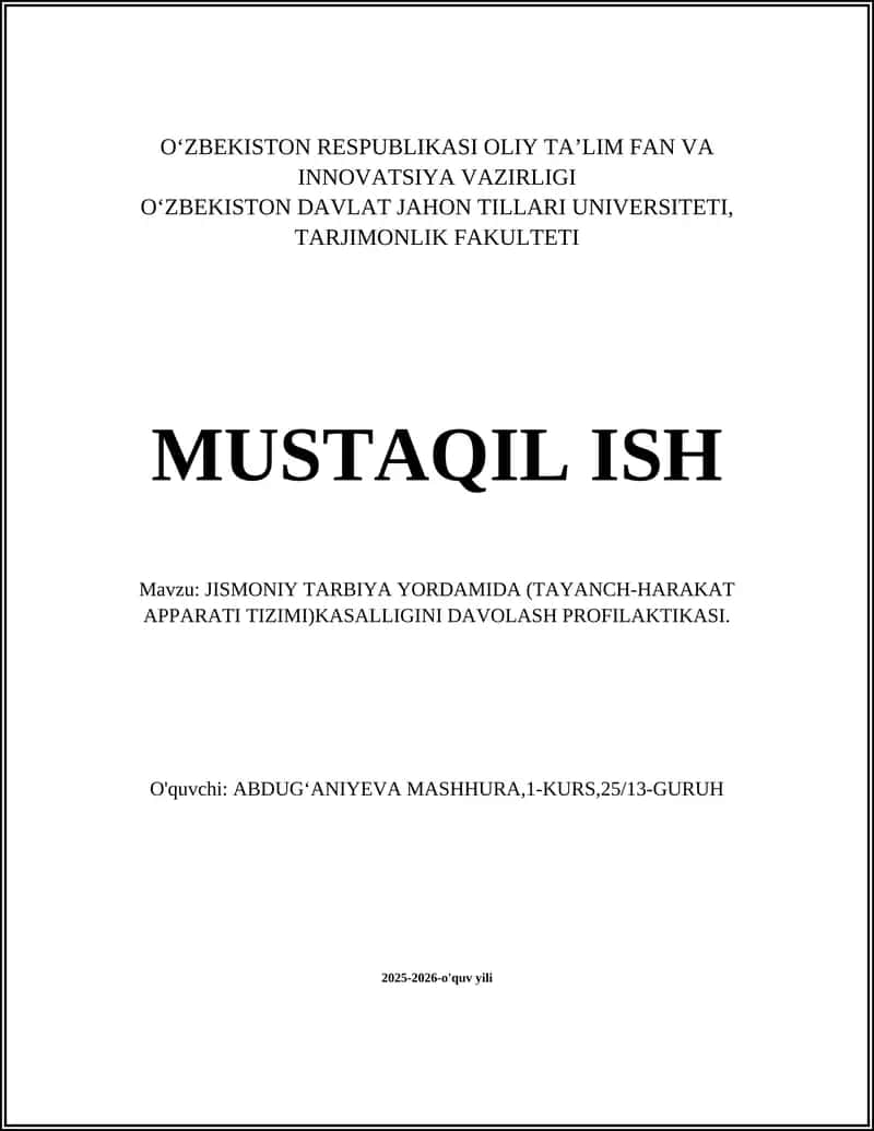TAYANCH-HARAKAT APPARATI TIZIMI KASALLIGINI DAVOLASH PROFILAKTIKASI