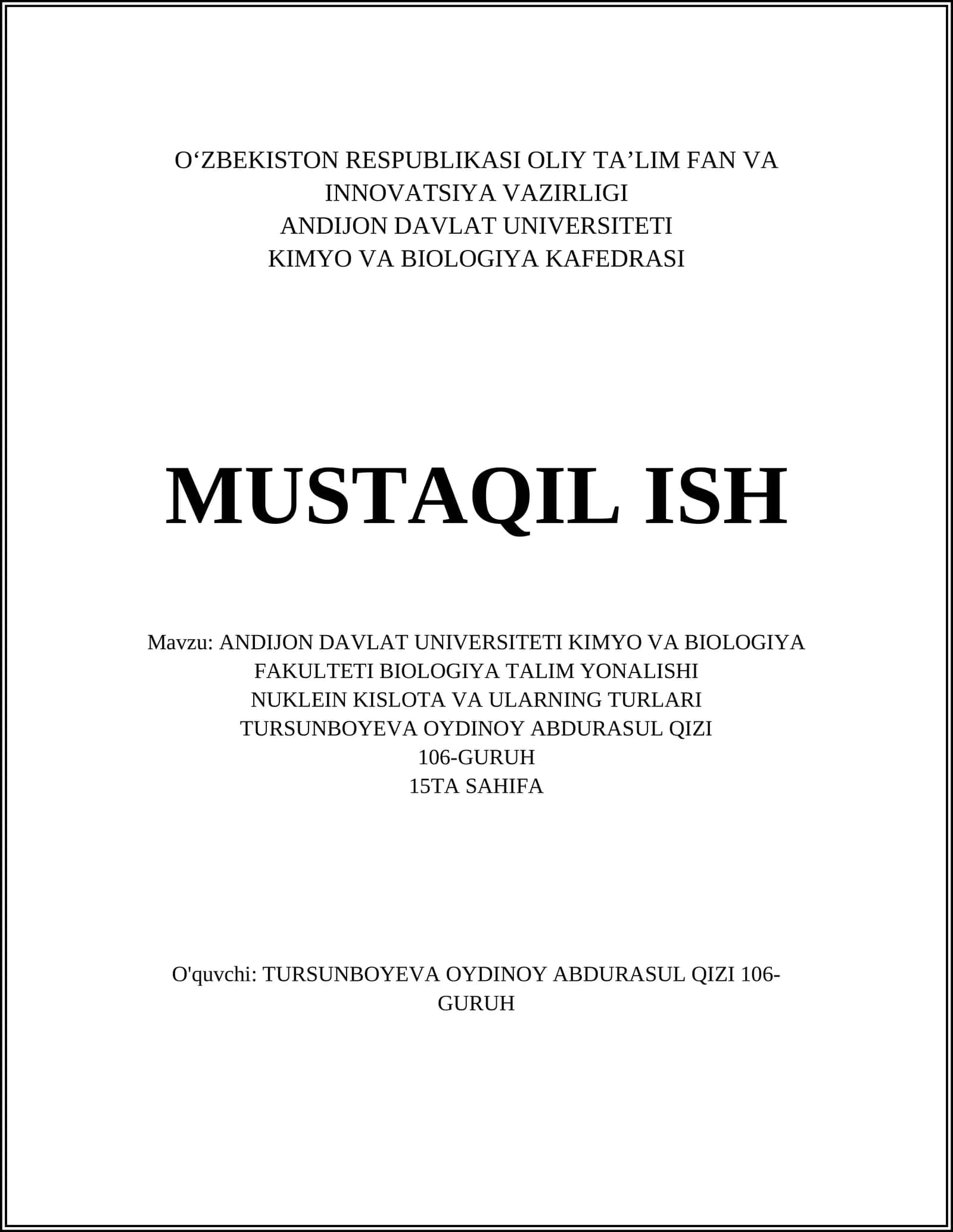 ANDIJON DAVLAT UNIVERSITETI KIMYO VA BIOLOGIYA FAKULTETI BIOLOGIYA TALIM YONALISHI