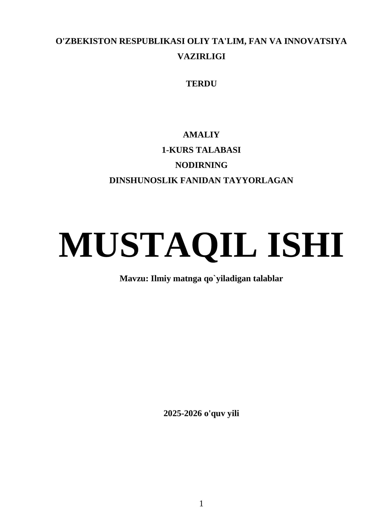 NODIRNING DINSHUNOSLIK FANIDAN TAYYORLAGAN MUSTAQIL ISHI