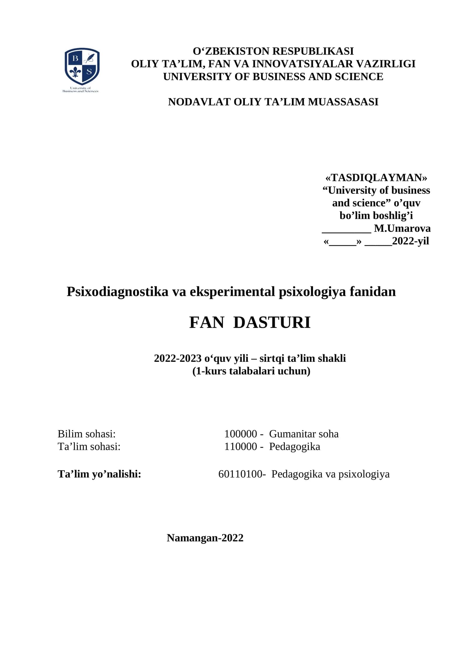 Psixodiagnostika va eksperimental psixologiya fanidan