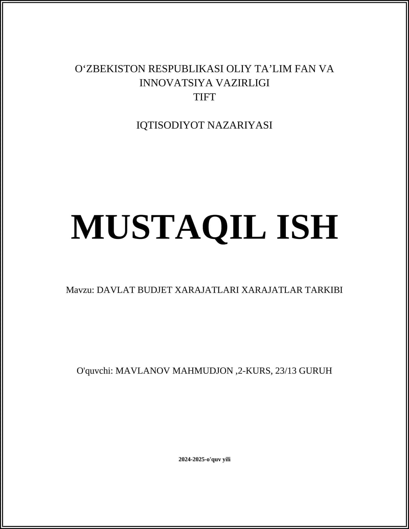 IQTISODIYOT NAZARIYASI MUSTAQIL ISH