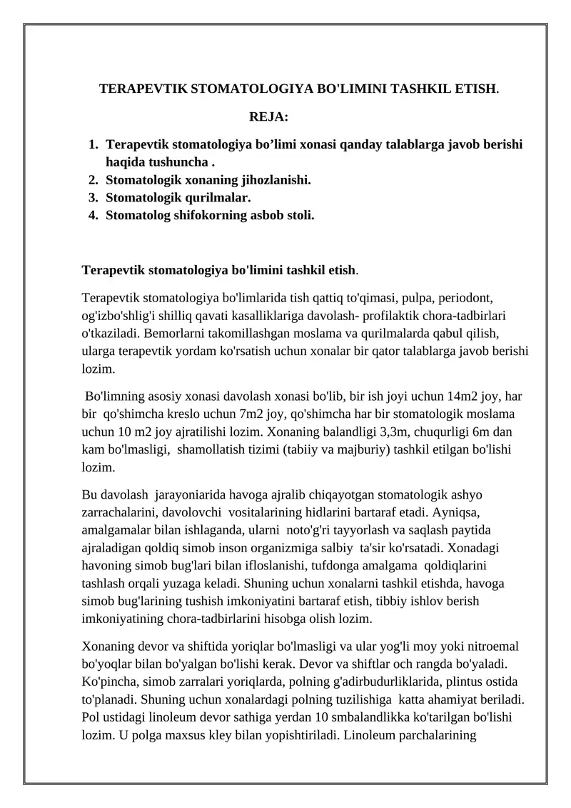 Terapevtik stomatologiya bo'limini tashkil etish