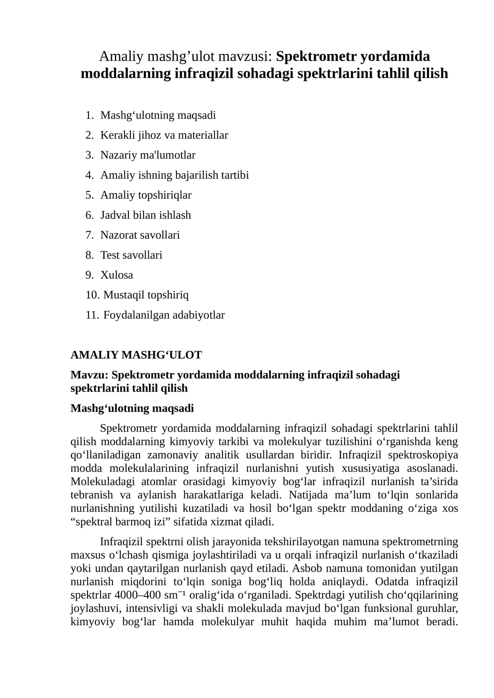 Spektrometr yordamida moddalarning infraqizil sohadagi spektrlarini tahlil qilish