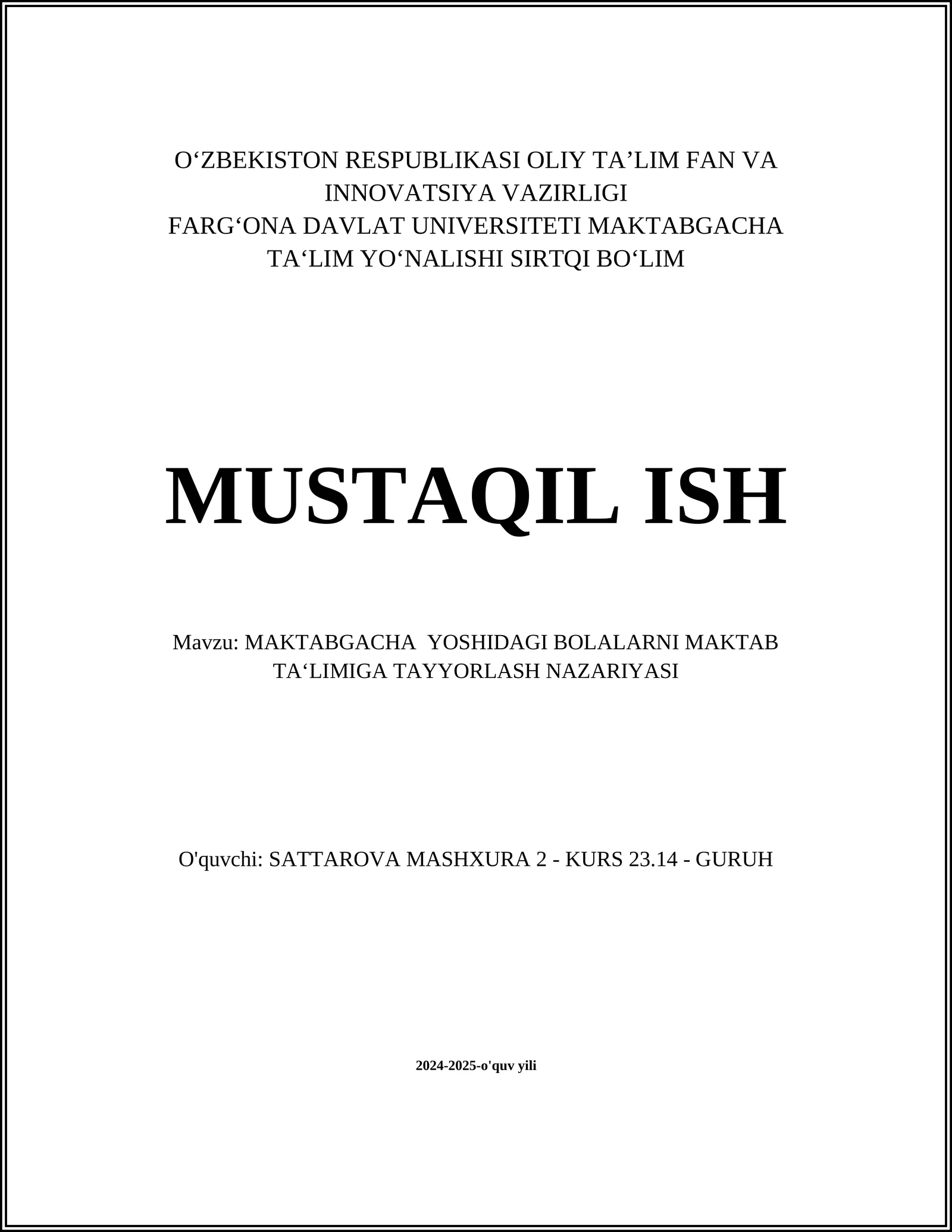 MAKTABGACHA YOSHIDAGI BOLALARNI MAKTAB TA‘LIMIGA TAYYORLASH NAZARIYASI
