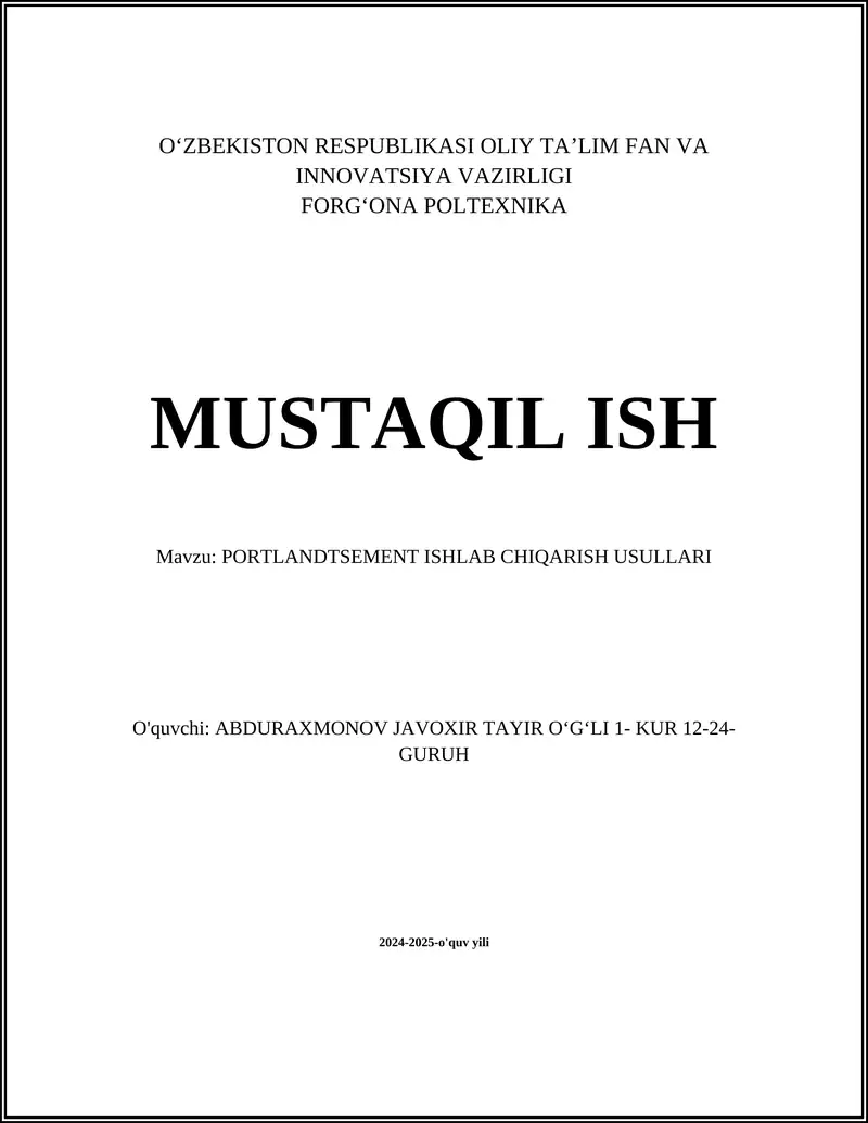 PORTLANDTSEMENT ISHLAB CHIQARISH USULLARI