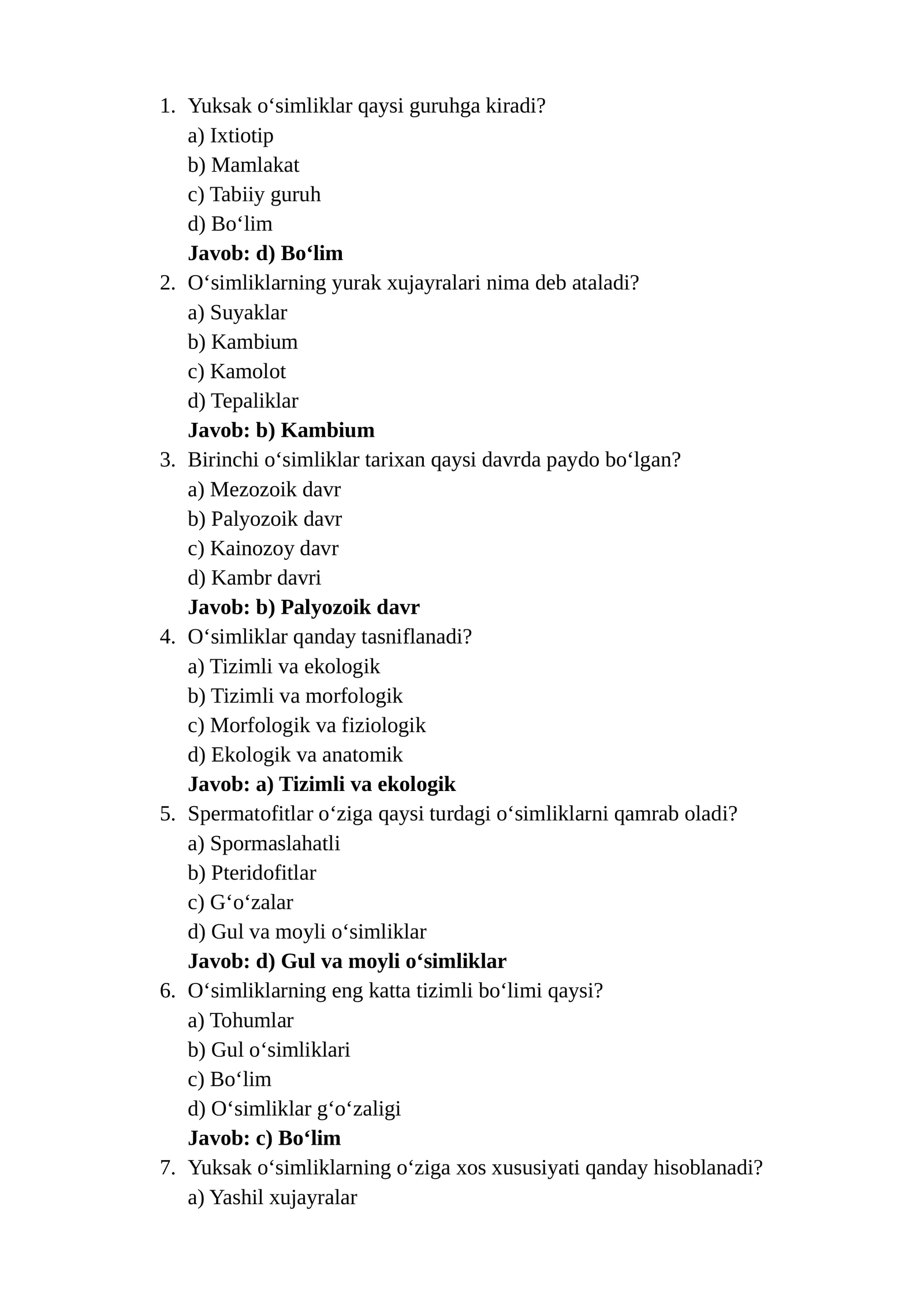 Yuksak O'simliklar mavzusida 50 ta test