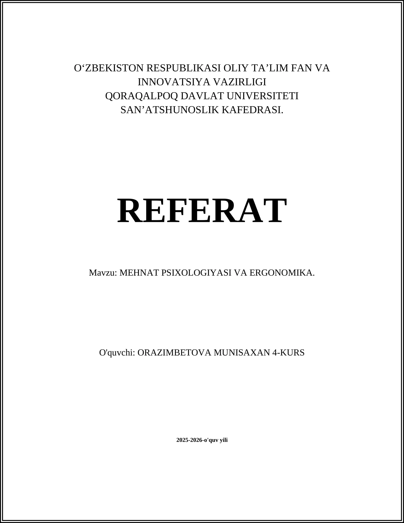 MEHNAT PSIXOLOGIYASI VA ERGONOMIKA