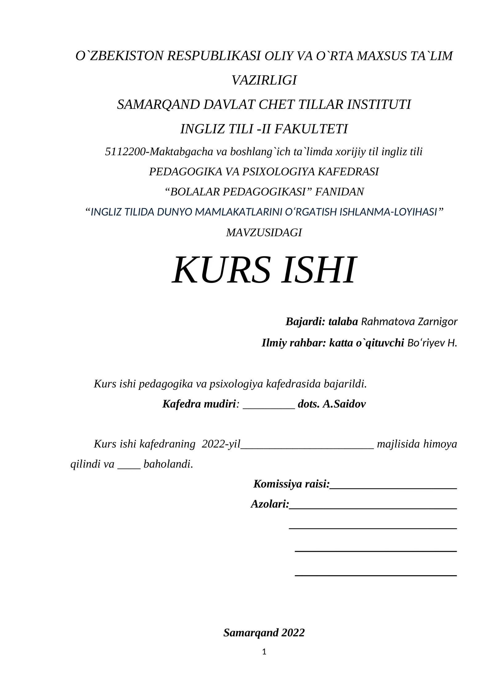 KURS ISHI: "INGLIZ TILIDA DUNYO MAMLAKATLARINI O‘RGATISH ISHLANMA-LOYIHASI"