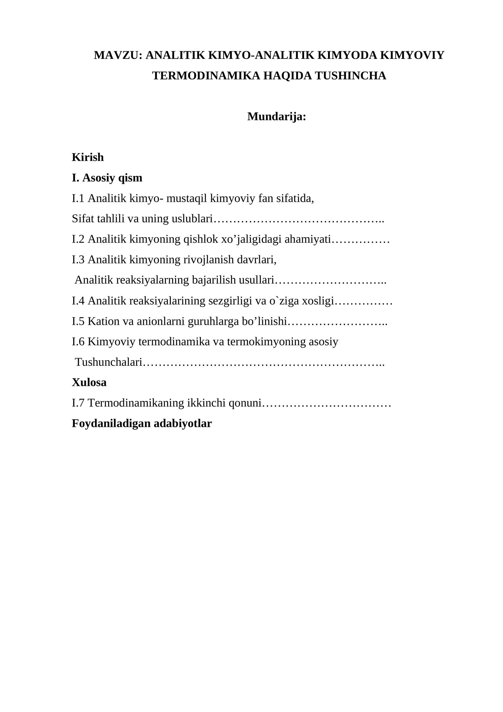 ANALITIK KIMYO-ANALITIK KIMYODA KIMYOVIY TERMODINAMIKA HAQIDA TUSHINCHA