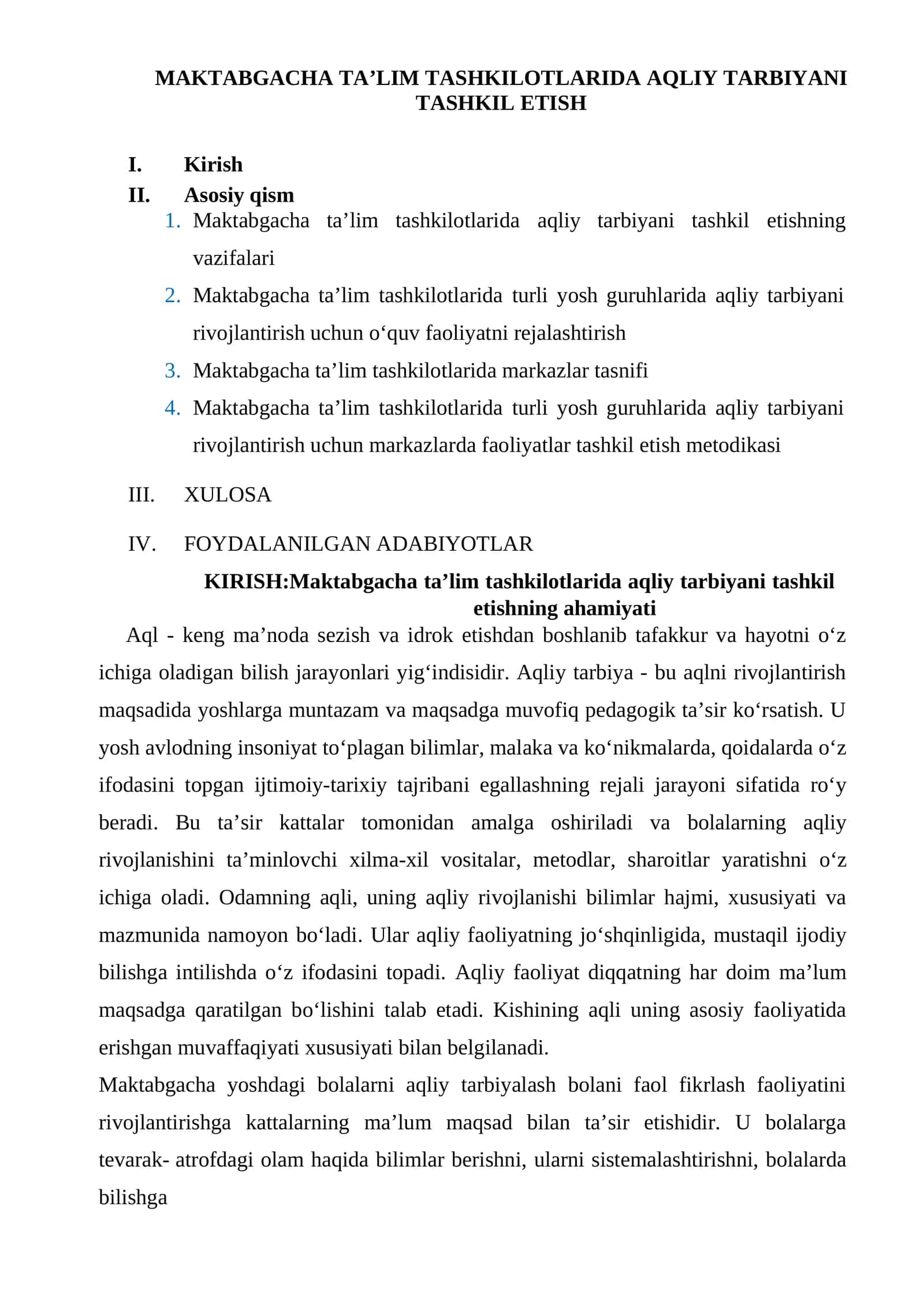 Maktabgacha ta’lim tashkilotlarida aqliy tarbiyani tashkil etish