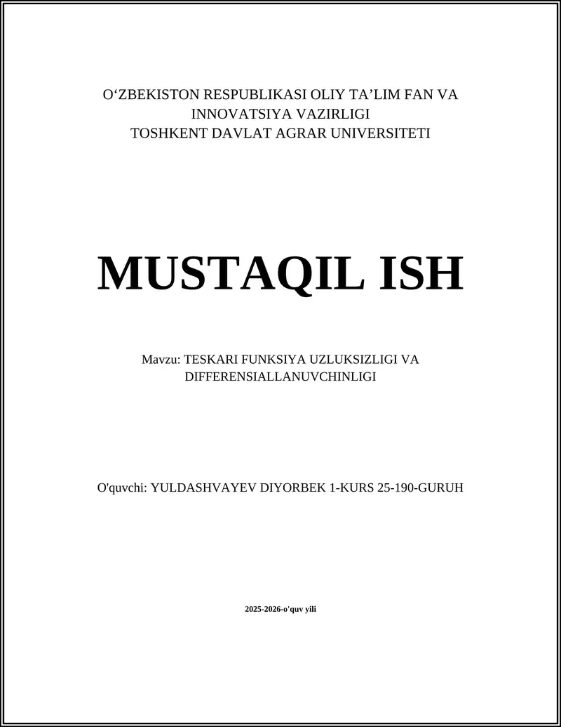 TESKARI FUNKSIYA UZLUKSIZLIGI VA DIFFERENSIALLANUVCHINLIGI