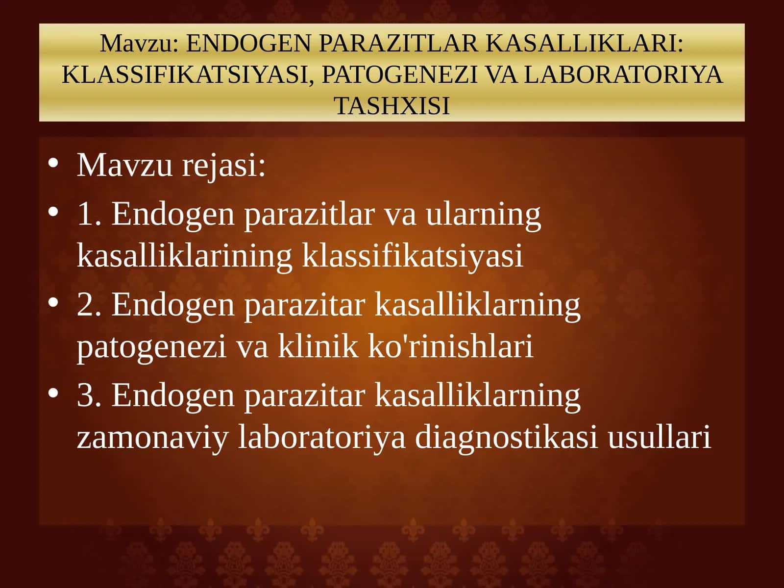 ENDOGEN PARAZITLAR KASALLIKLARI: KLASSIFIKATSIYASI, PATOGENEZI VA LABORATORIYA TASHXISI taqdimot