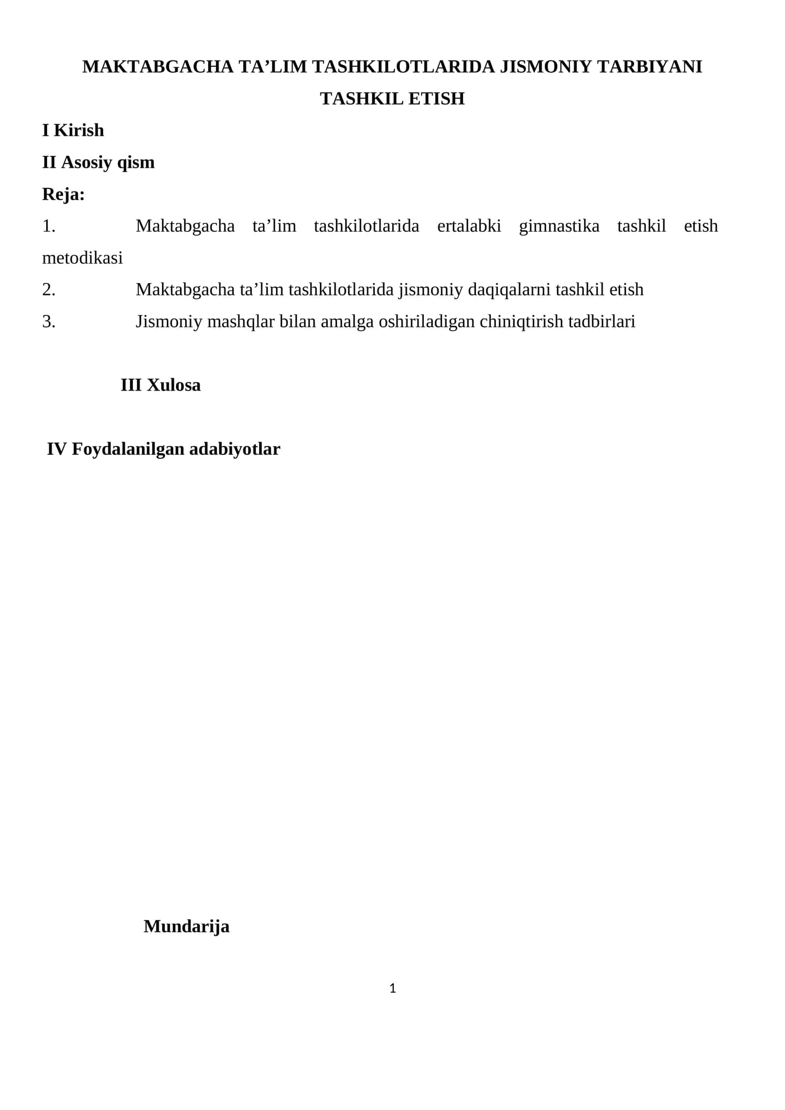 MAKTABGACHA TA'LIM TASHKILOTLARIDA JISMONIY TARBIYANI TASHKIL ETISH