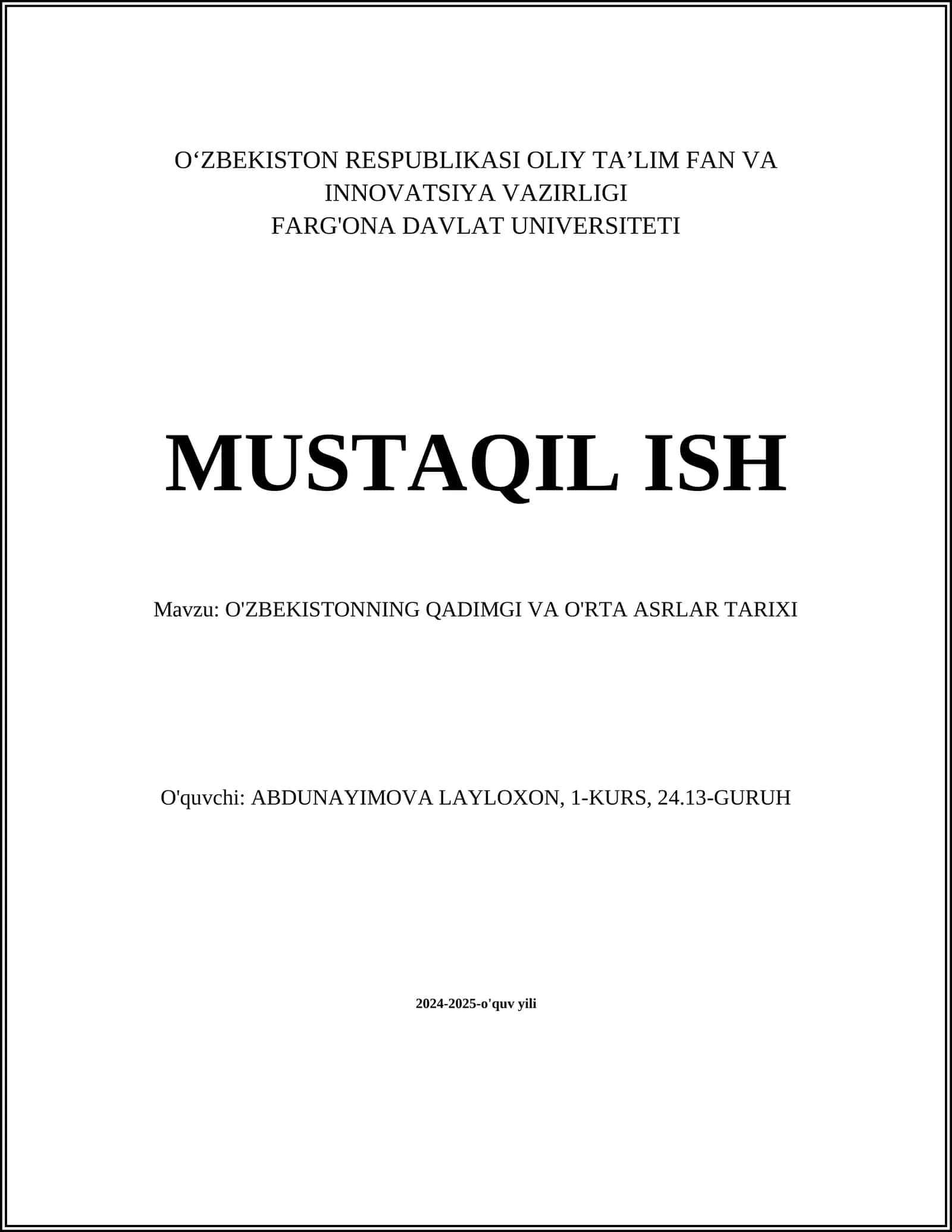 O'ZBEKISTONNING QADIMGI VA O'RTA ASRLAR TARIXI
