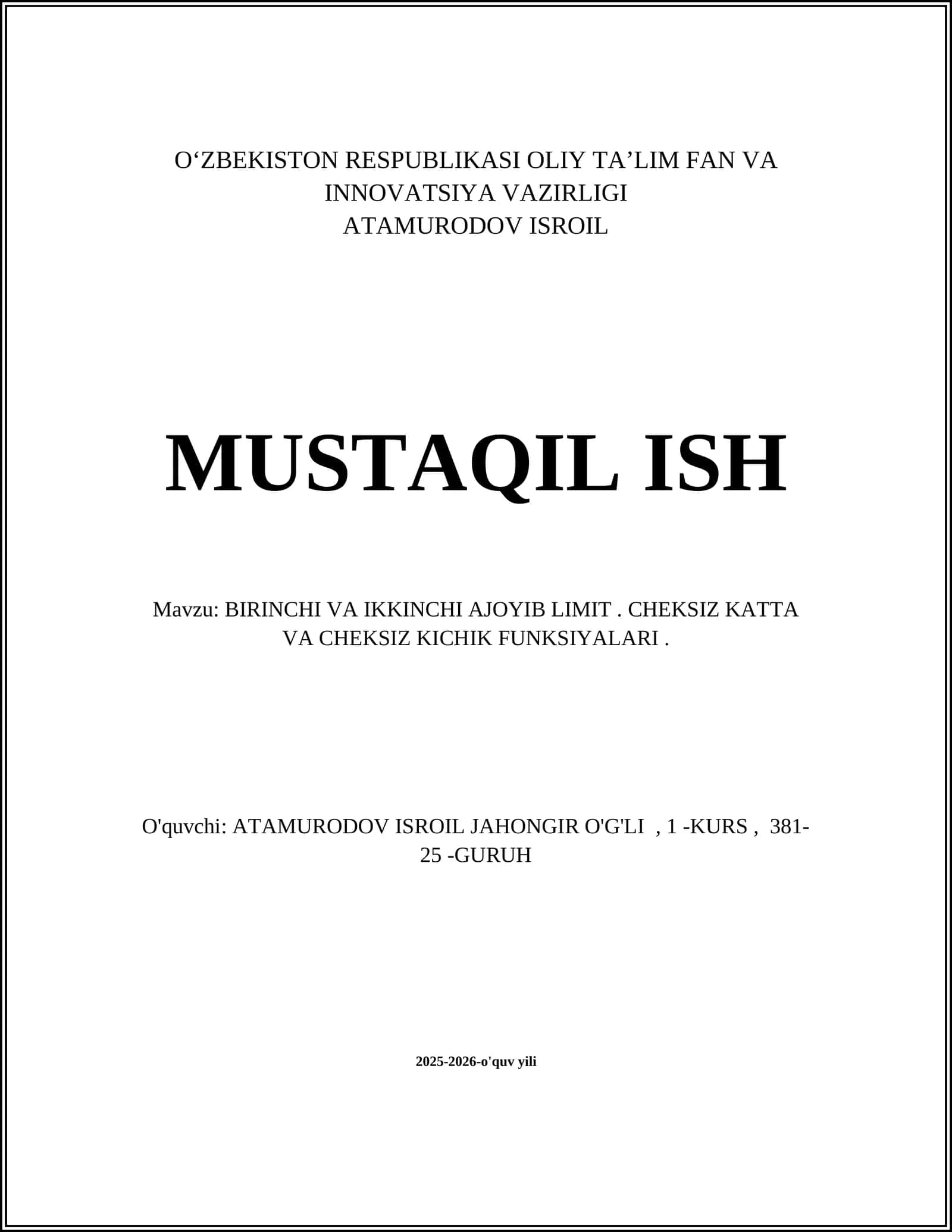 BIRINCHI VA IKKINCHI AJOYIB LIMIT. CHEKSIZ KATTA VA CHEKSIZ KICHIK FUNKSIYALARI