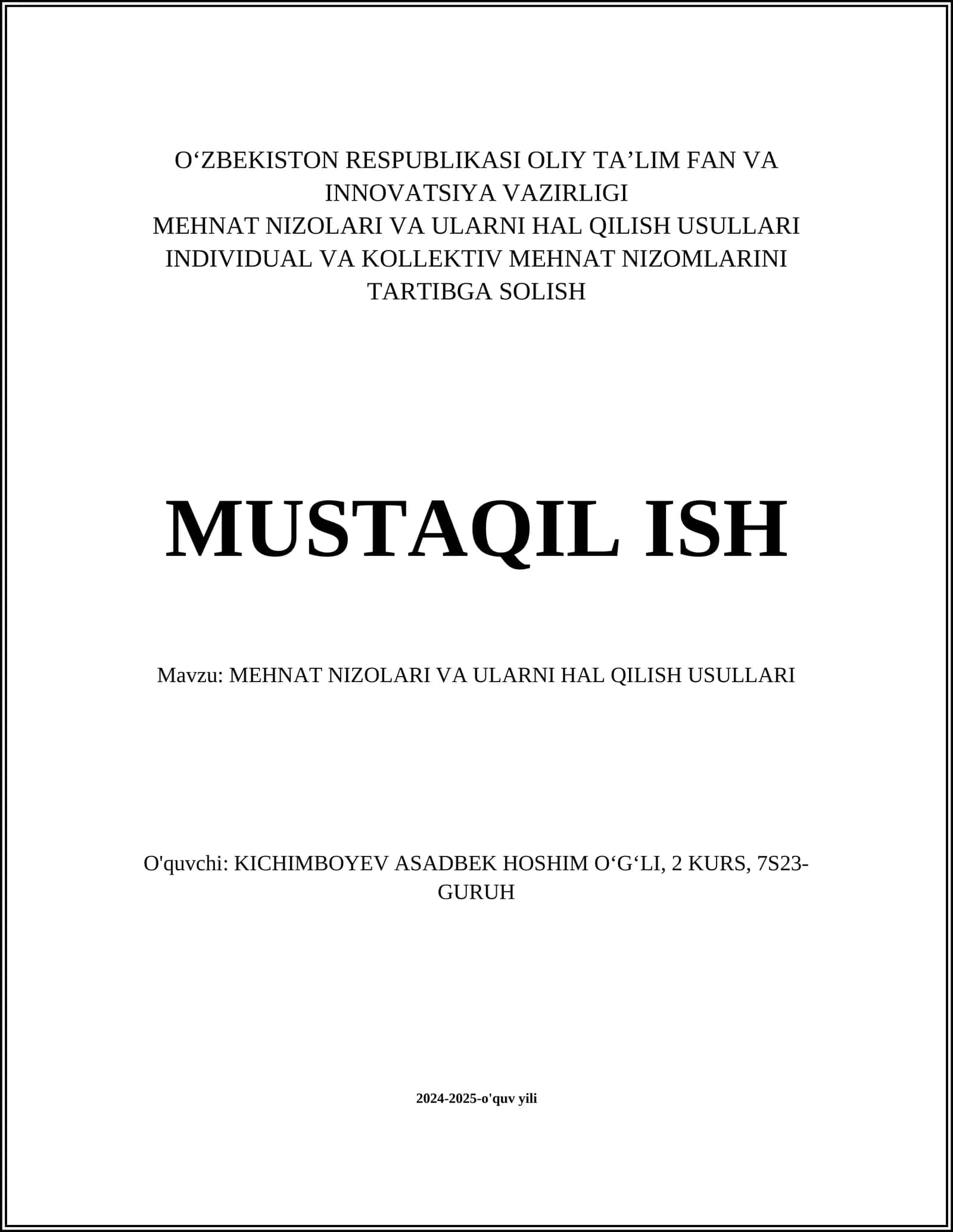 MEHNAT NIZOLARI VA ULARNI HAL QILISH USULLARI