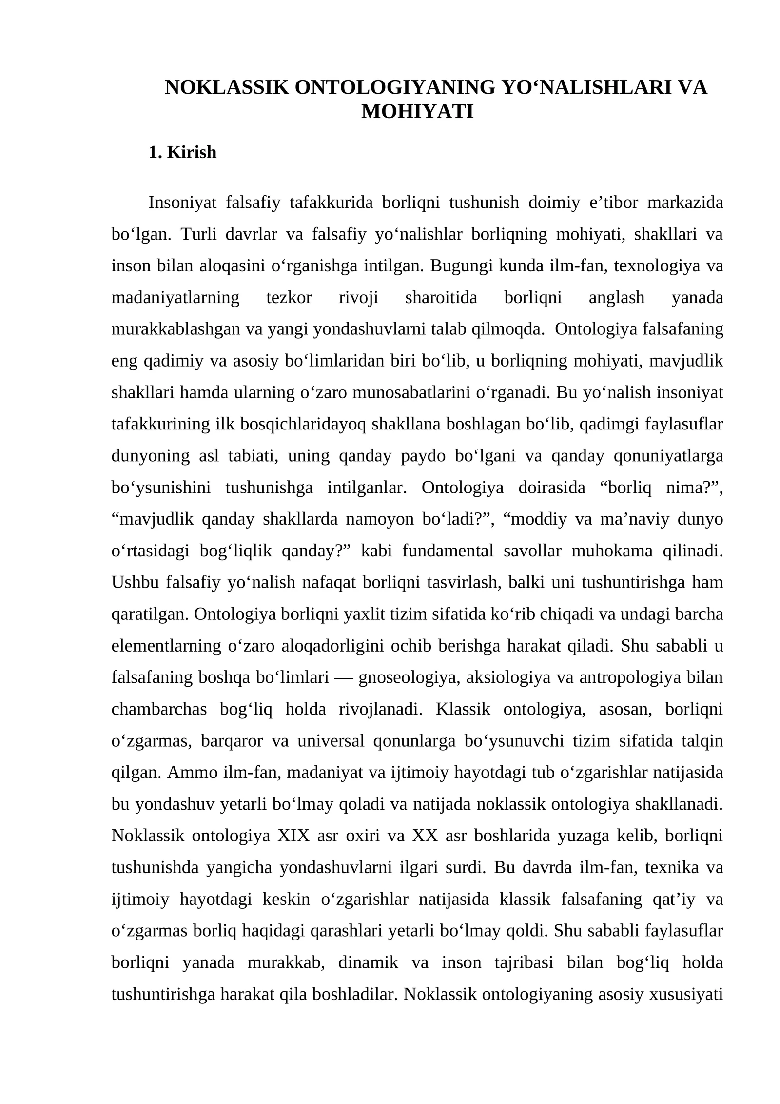 NOKLASSIK ONTOLOGIYANING YO‘NALISHLARI VA MOHIYATI