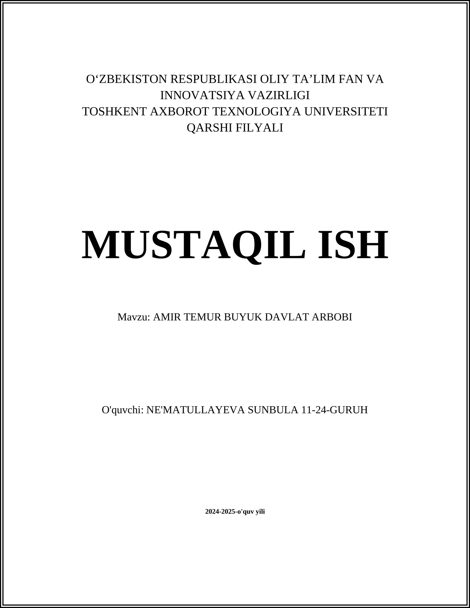 AMIR TEMUR BUYUK DAVLAT ARBOBI