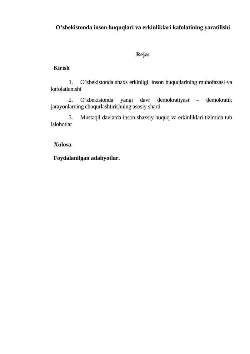 O`zbekistonda inson huquqlari va erkinliklari kafolatining yaratilishi