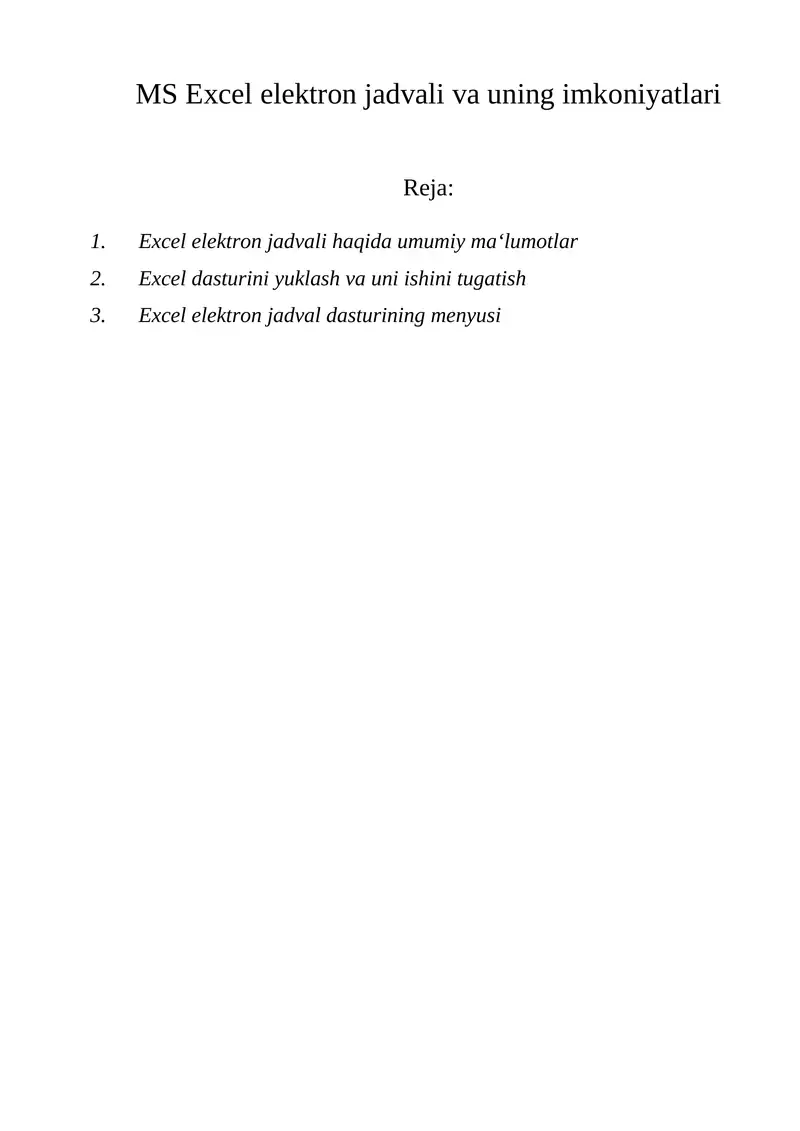 Excel elektron jadvali va uning imkoniyatlari