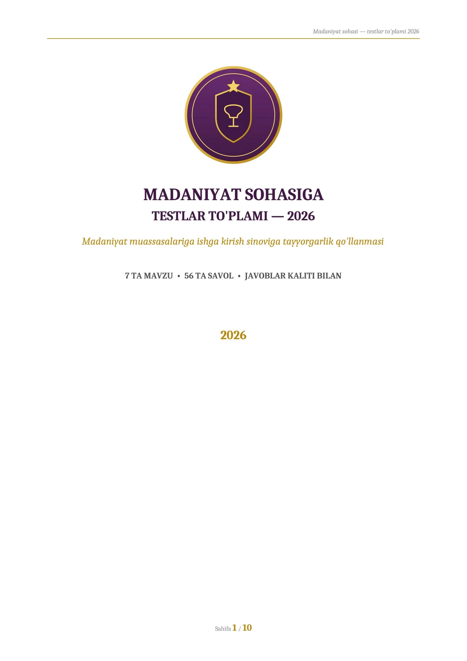 Madaniyat muassasalariga ishga kirish sinoviga tayyorgarlik testlari qo'llanmasi